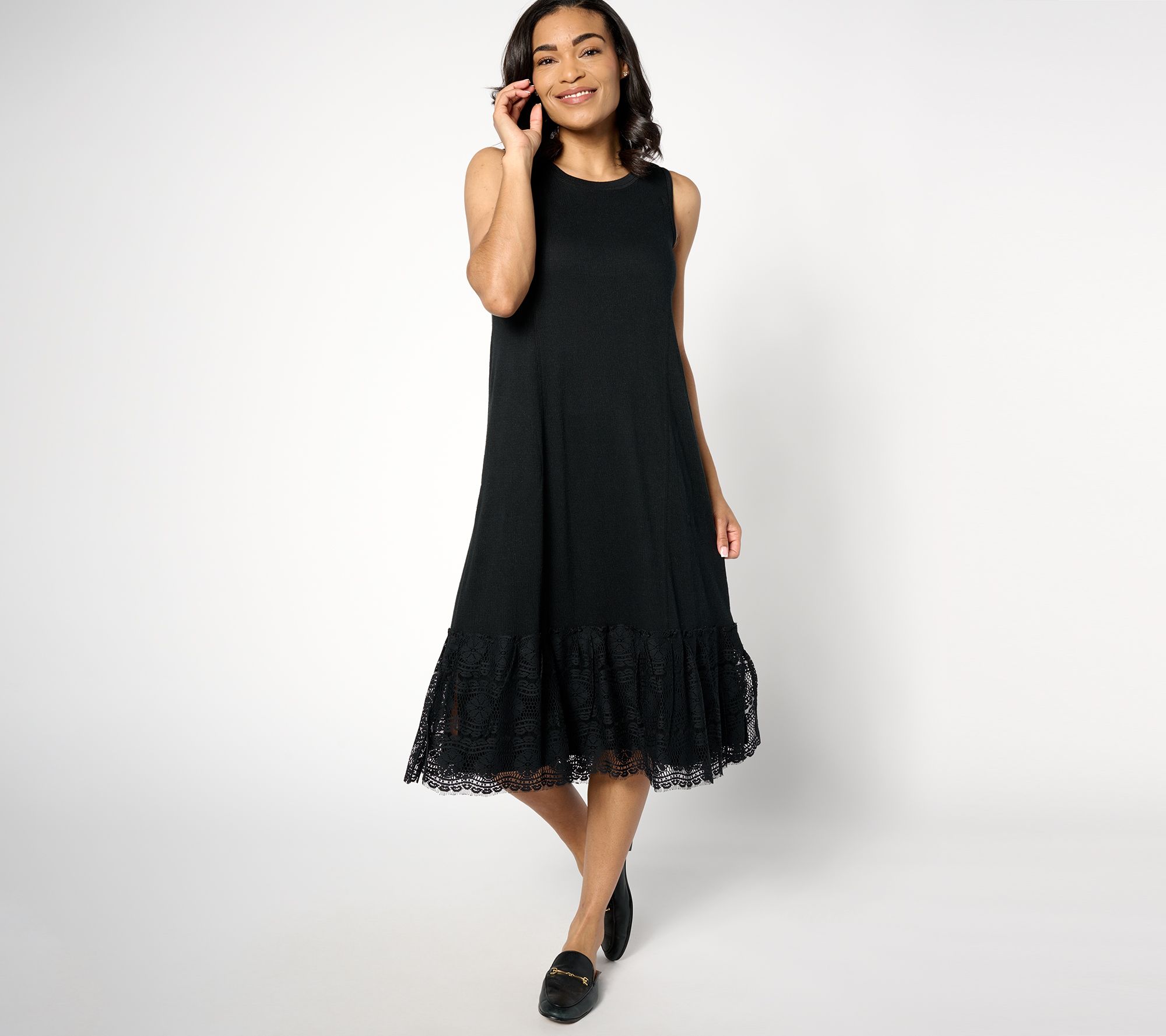 LOGO Linens by Lori Goldstein Petite Knit Dress with Crochet Lace