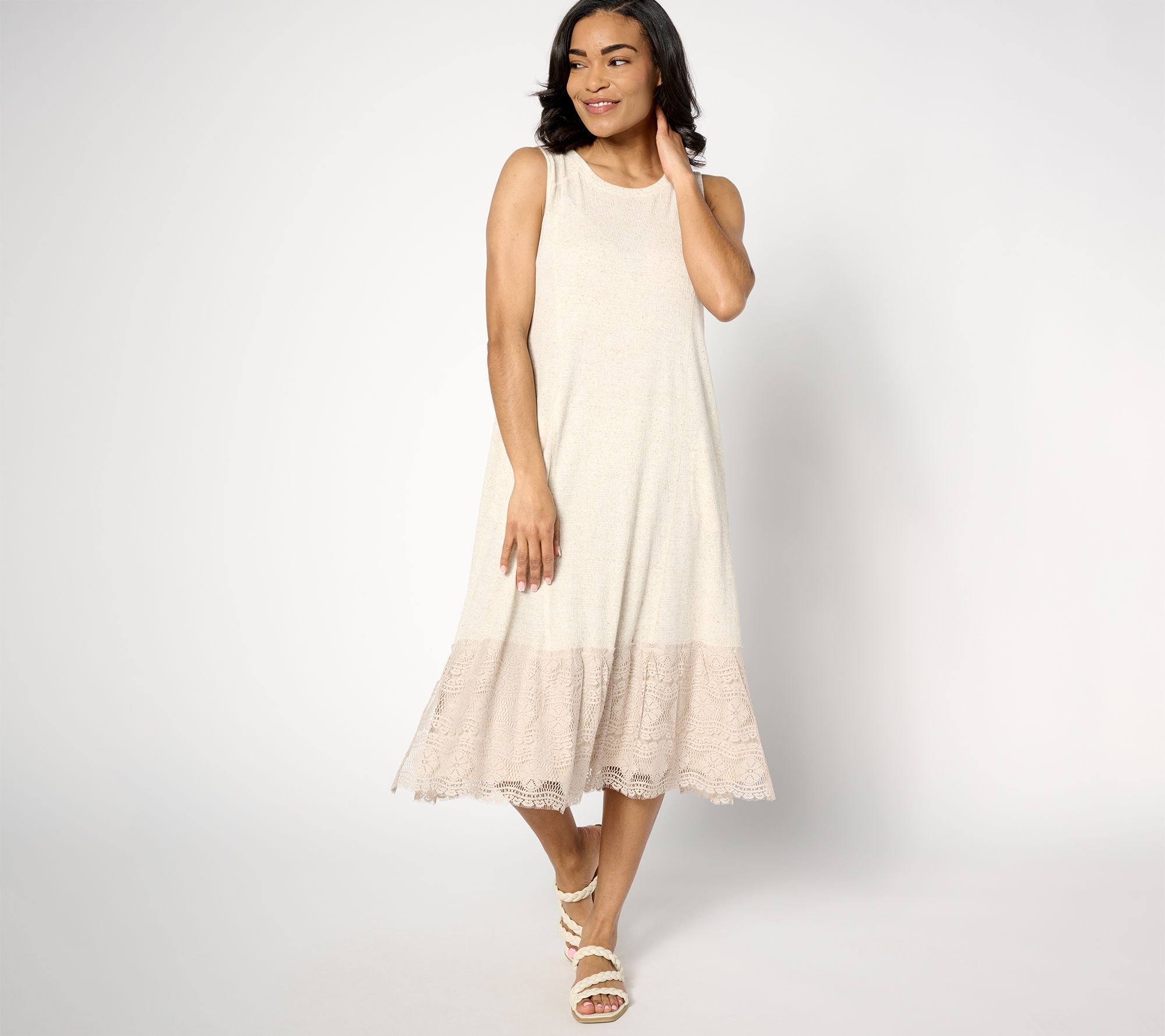LOGO Linens by Lori Goldstein Petite Knit Dress with Crochet Lace