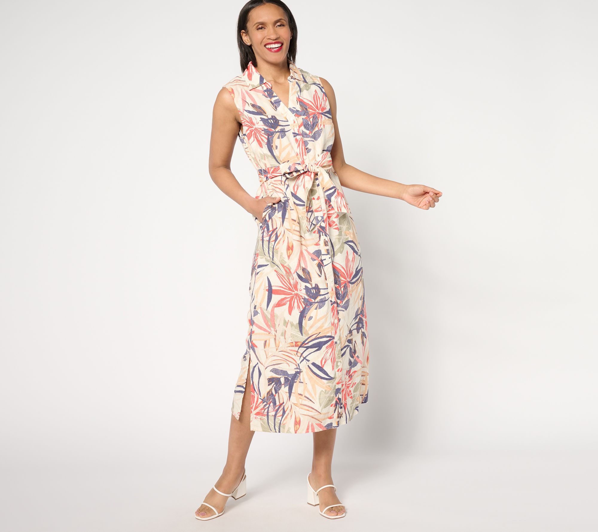 Denim & Co. Naturals Petite Printed Linen Blend Midi Dress