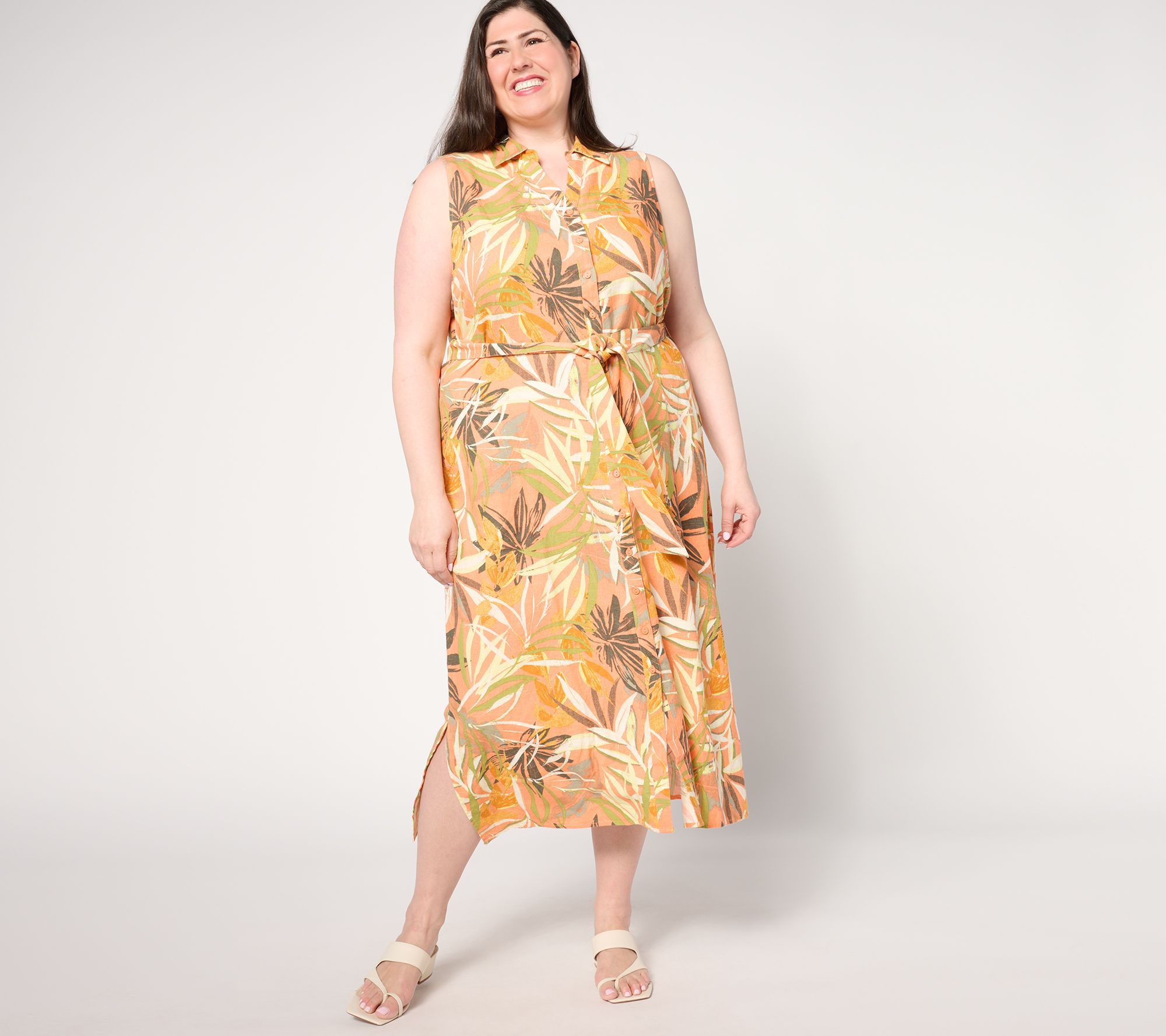 Denim & Co. Naturals Petite Printed Linen Blend Midi Dress