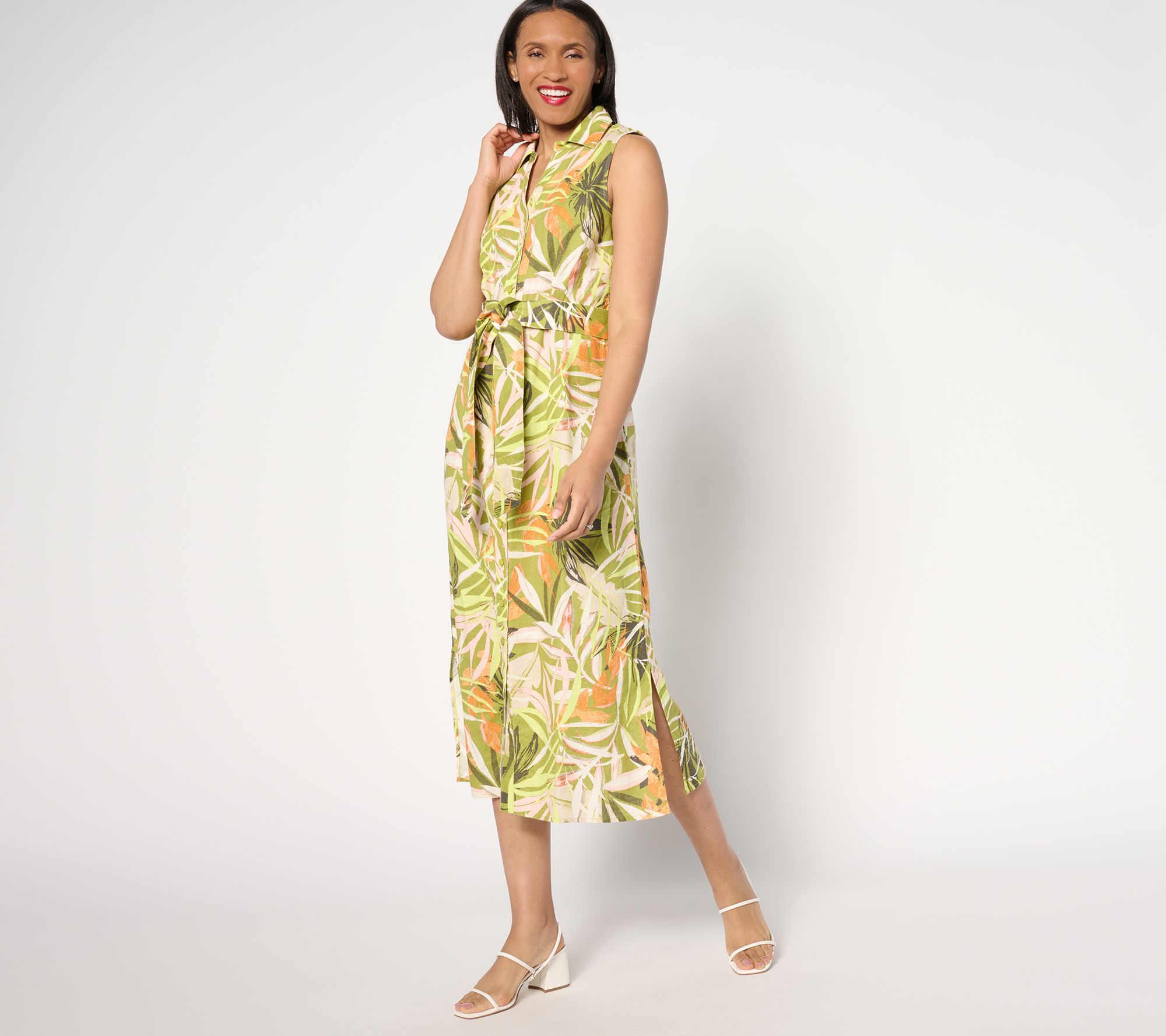Denim & Co. Naturals Petite Printed Linen Blend Midi Dress