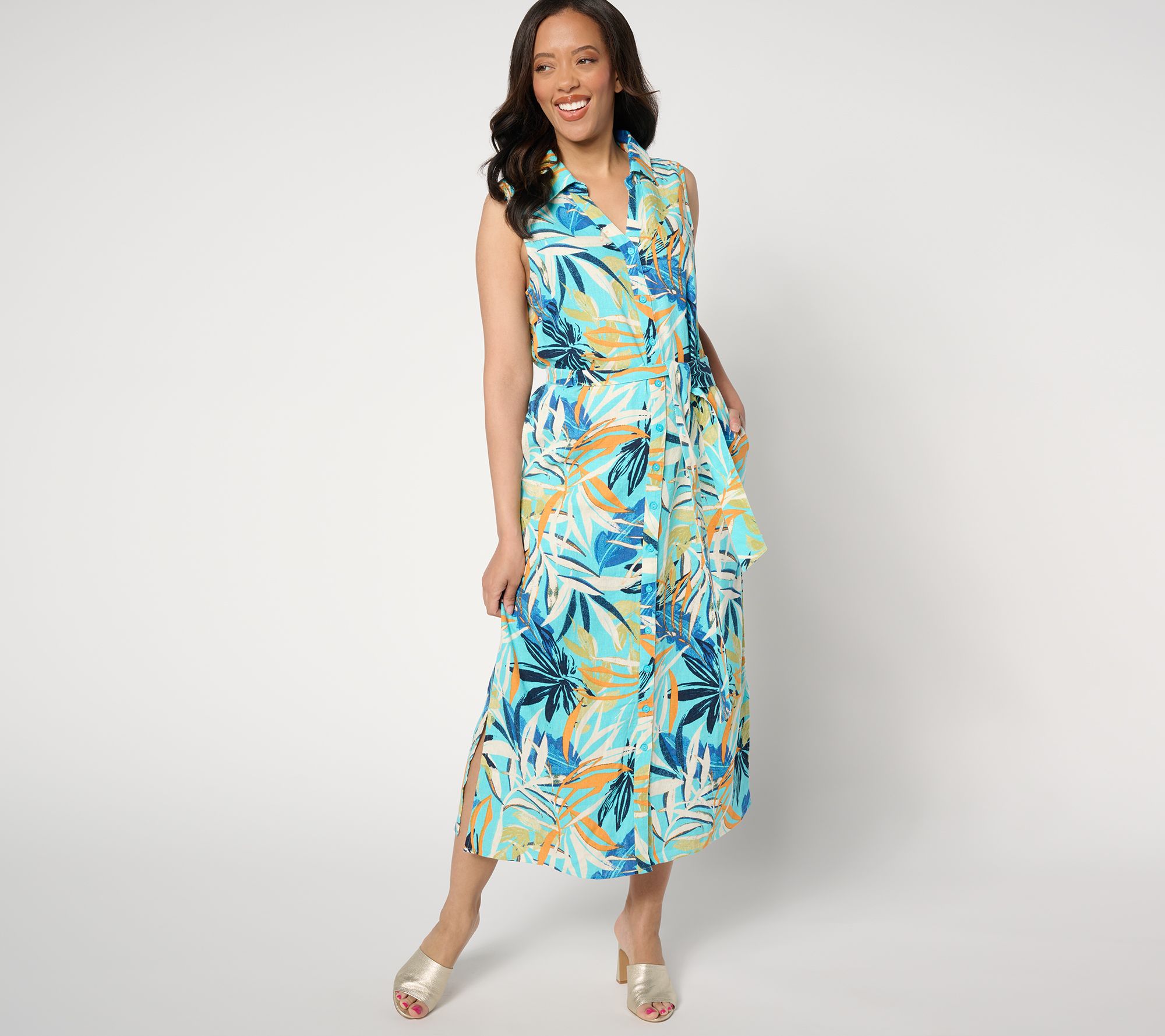 Denim & Co. Naturals Petite Printed Linen Blend Midi Dress