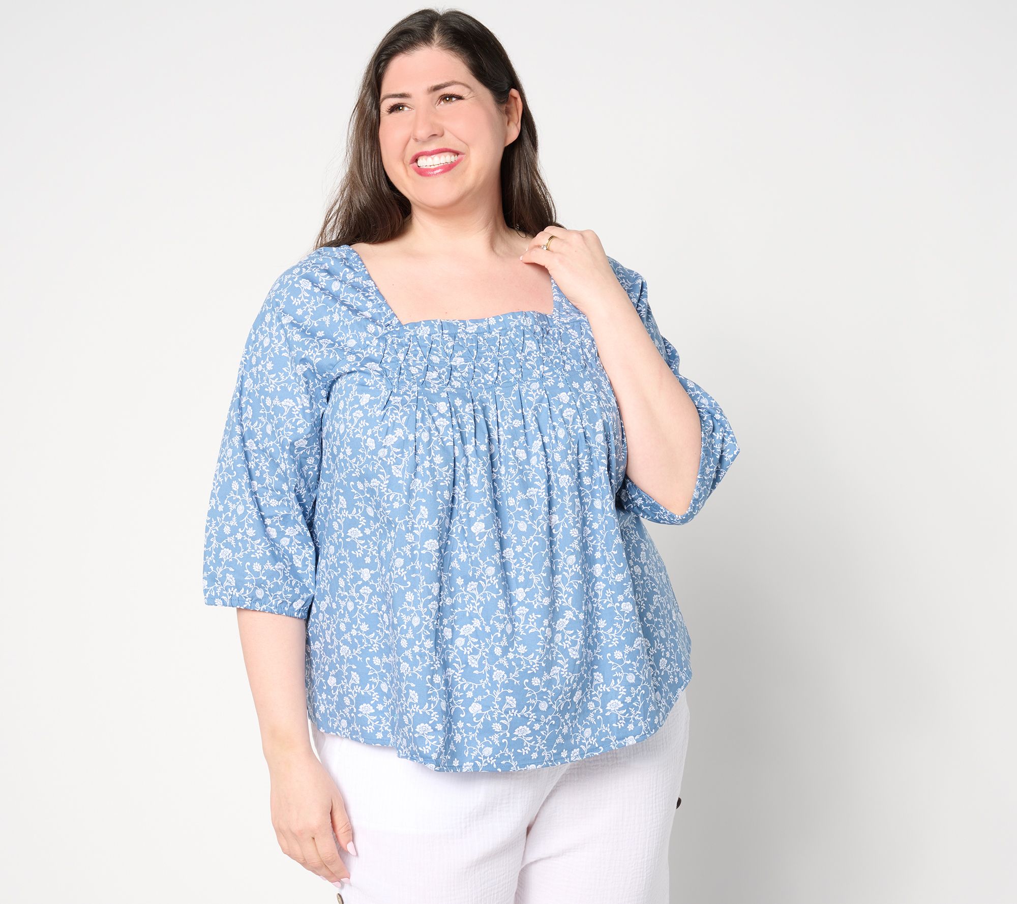 Denim & Co. Printed Square Neck Blouse with Pleating Detail