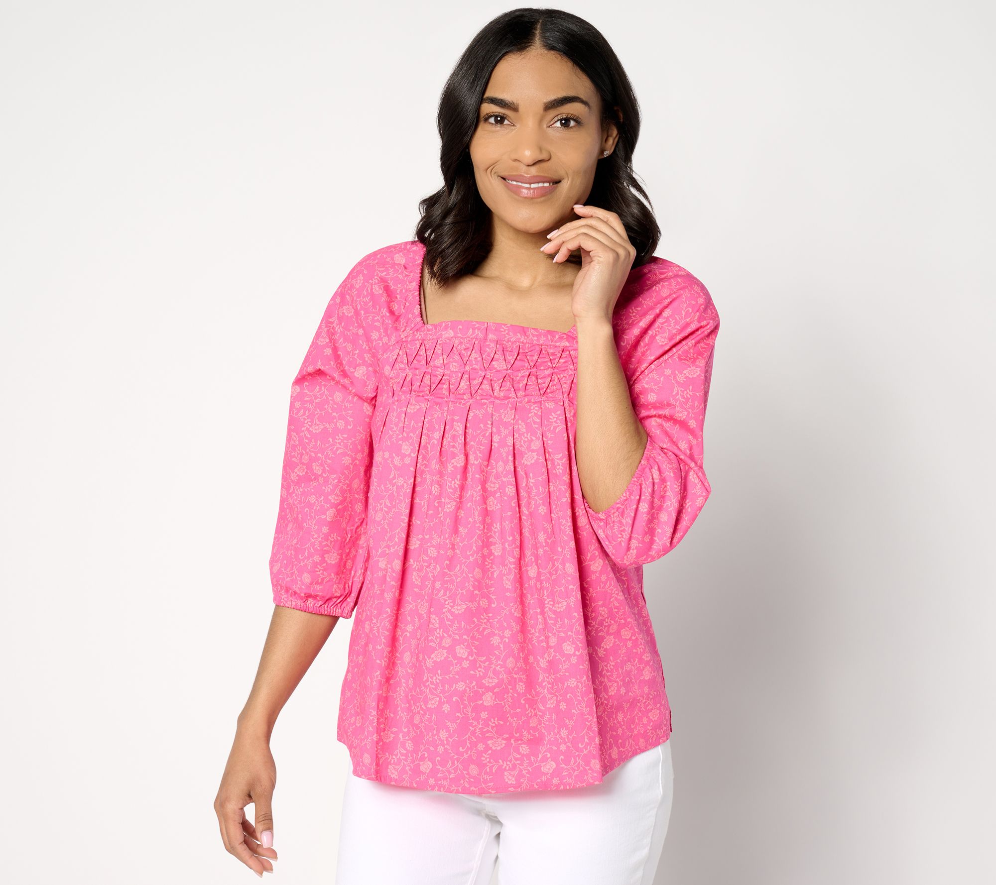 Denim & Co. Printed Square Neck Blouse with Pleating Detail