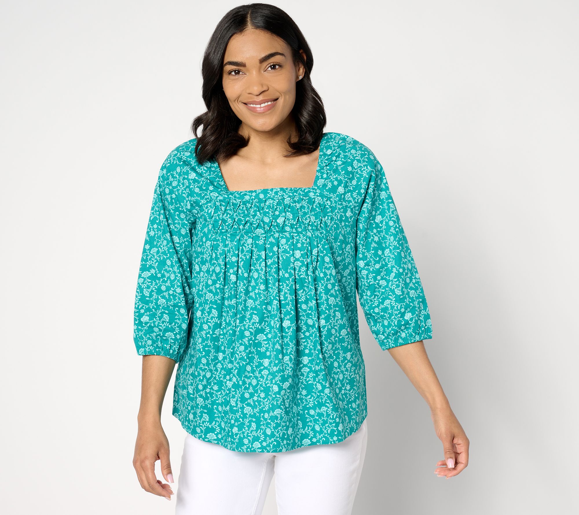 Denim & Co. Printed Square Neck Blouse with Pleating Detail