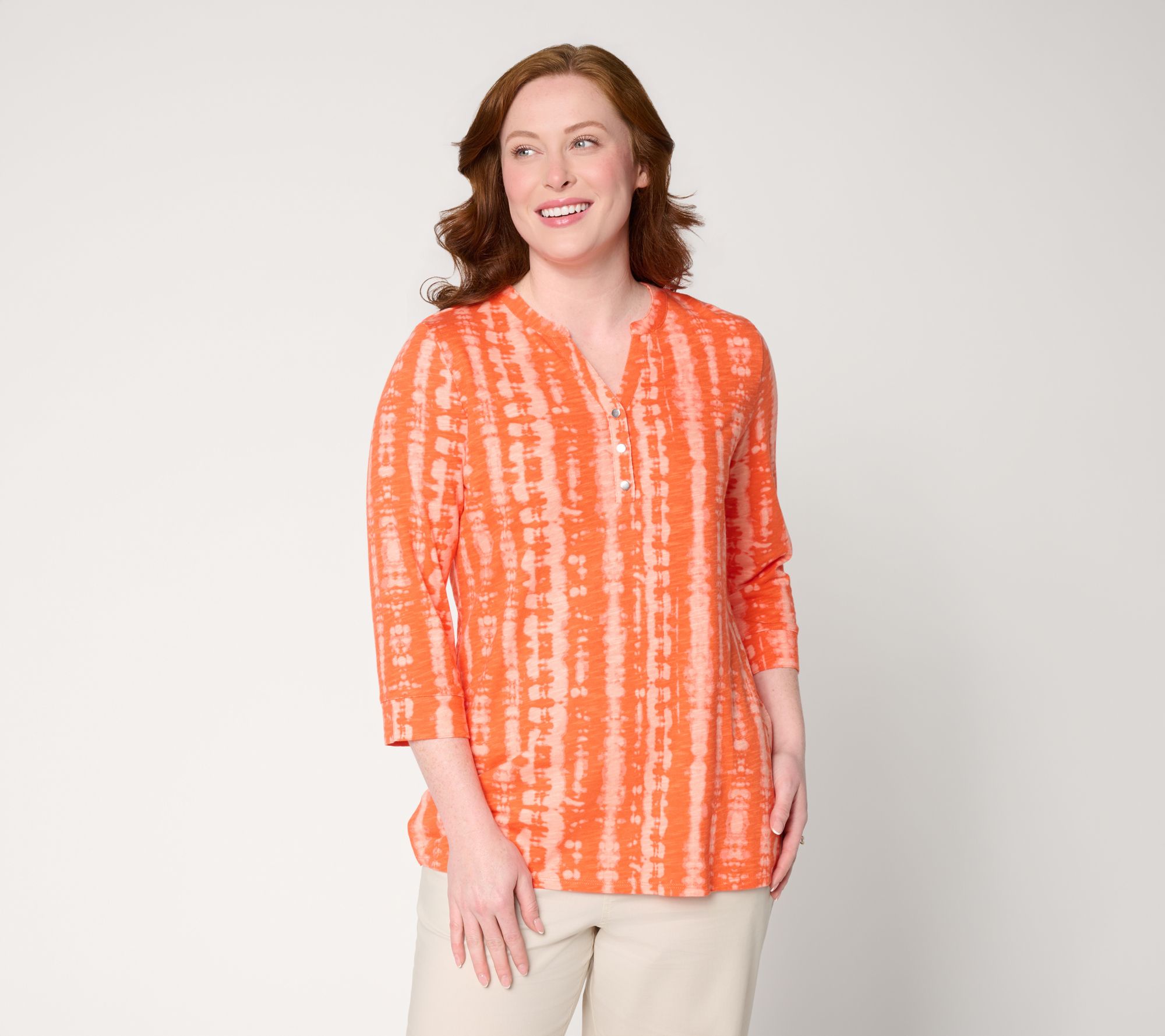 Denim & Co. Petite Texture-Knit 3/4-Sleeve Henley Tunic