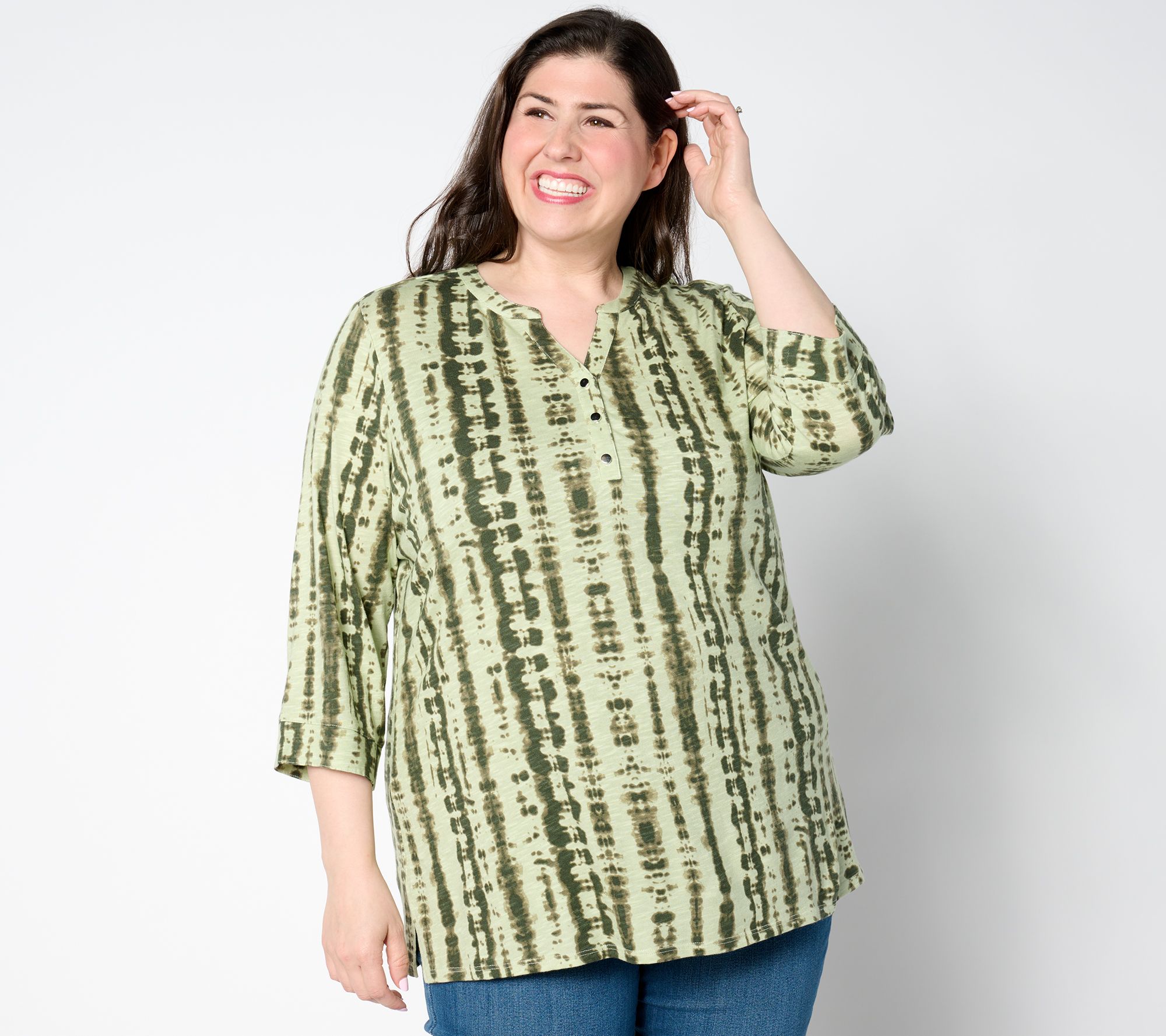 Denim & Co. Petite Texture-Knit 3/4-Sleeve Henley Tunic