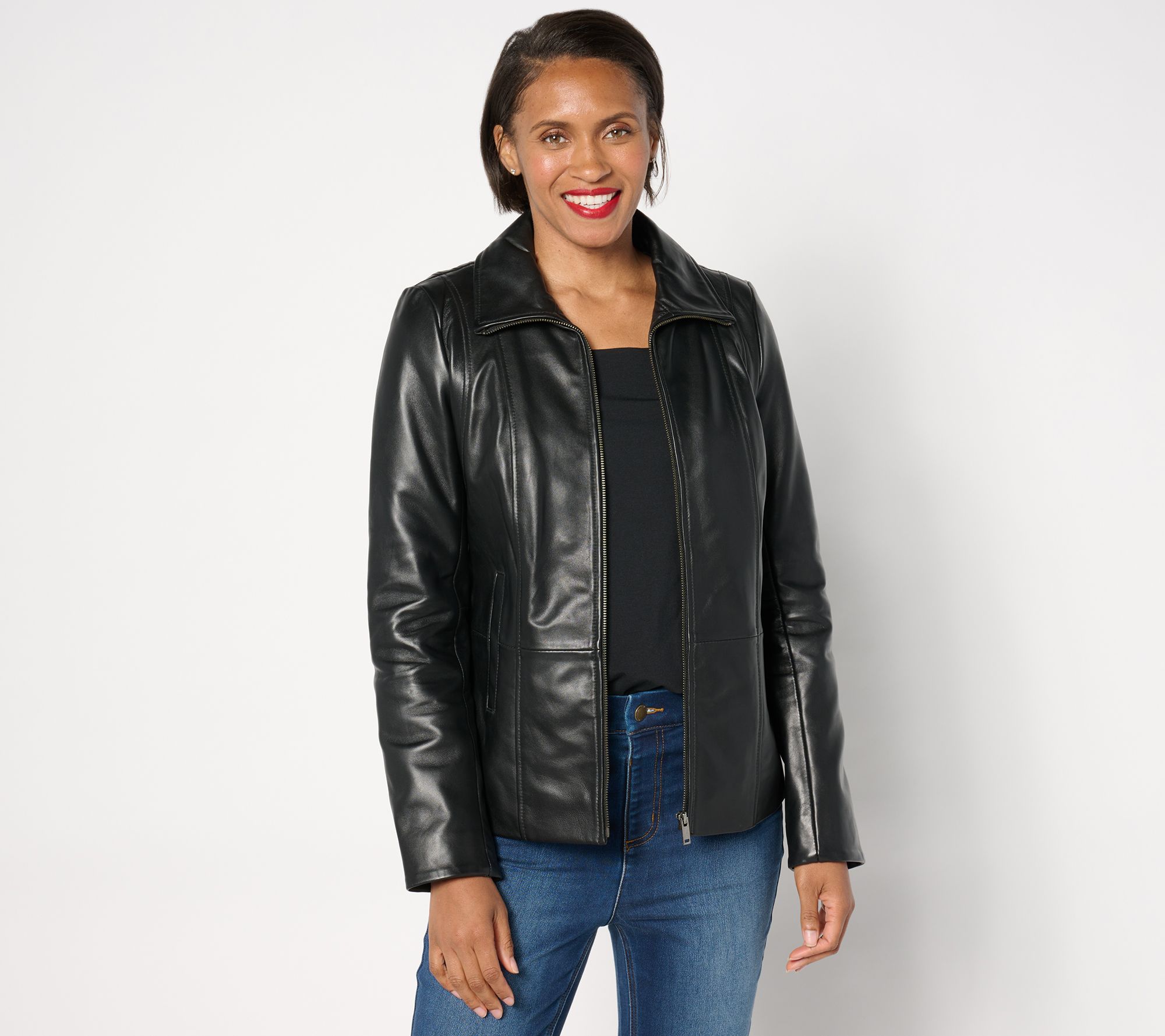 Denim & Co. Lamb Leather Zip Front Seamed Jacket with Pockets