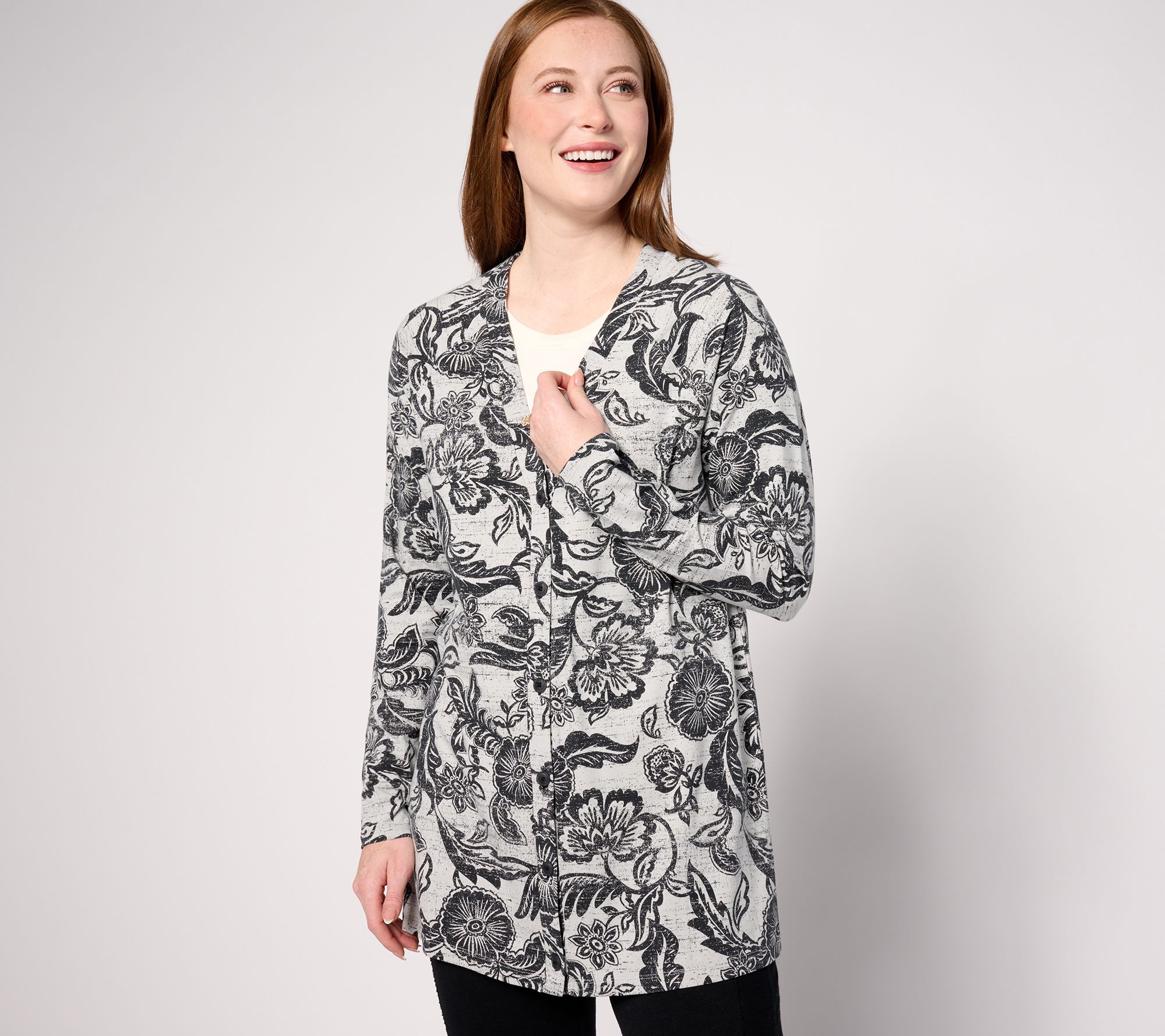 "As Is" AnyBody Lounge Petite Cozy Knit Printed Cardigan