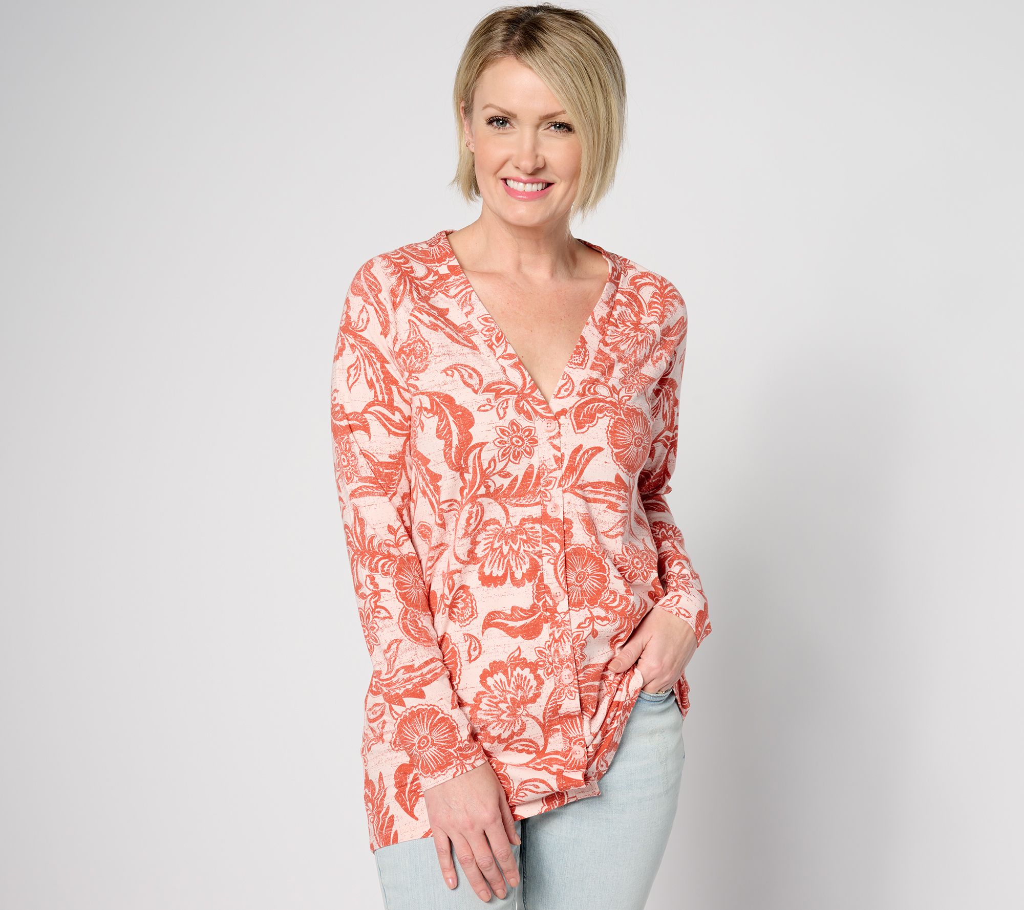 "As Is" AnyBody Lounge Petite Cozy Knit Printed Cardigan