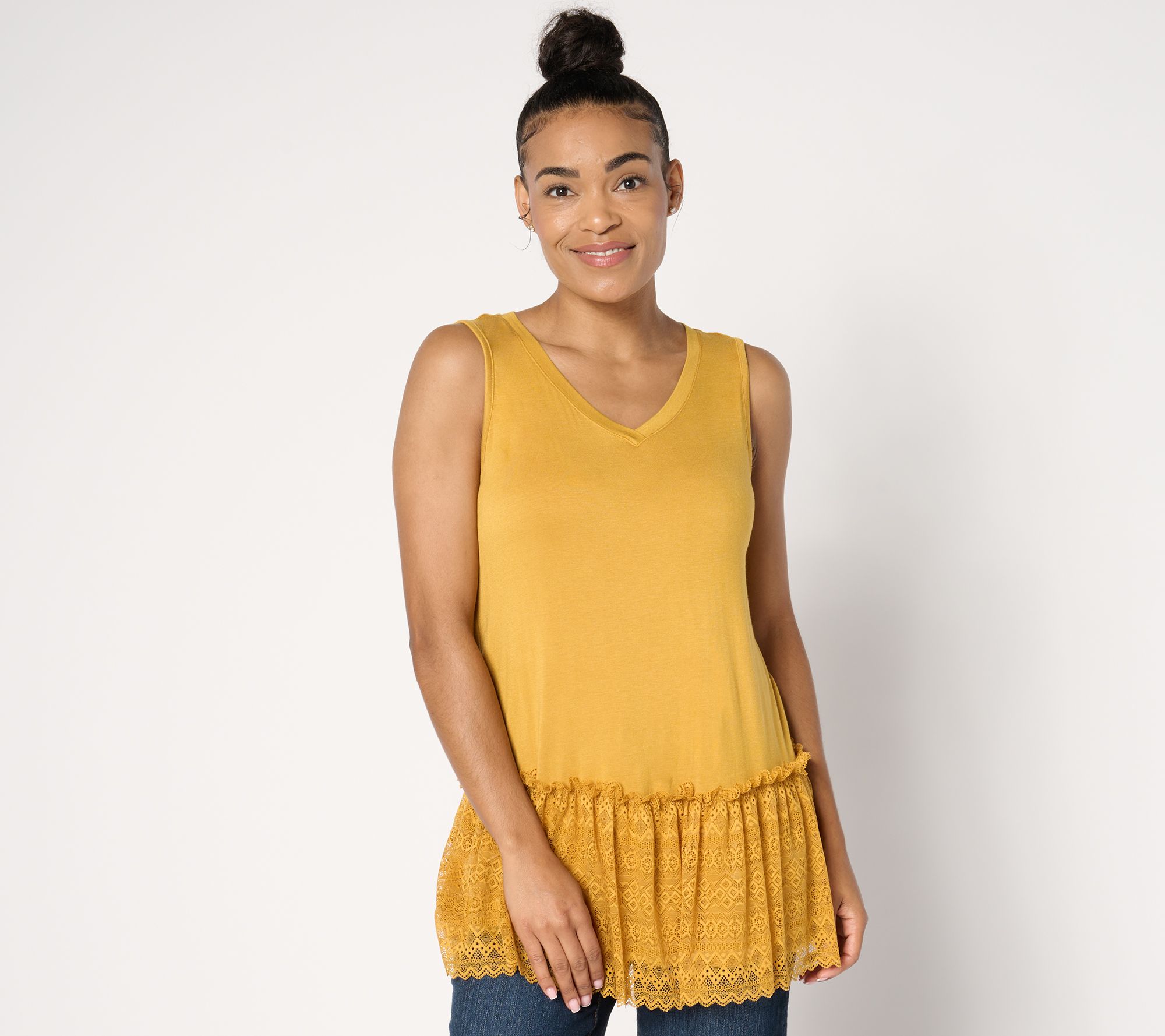 LOGO Layers by Lori Goldstein V-Neck Tank with Lace Hem