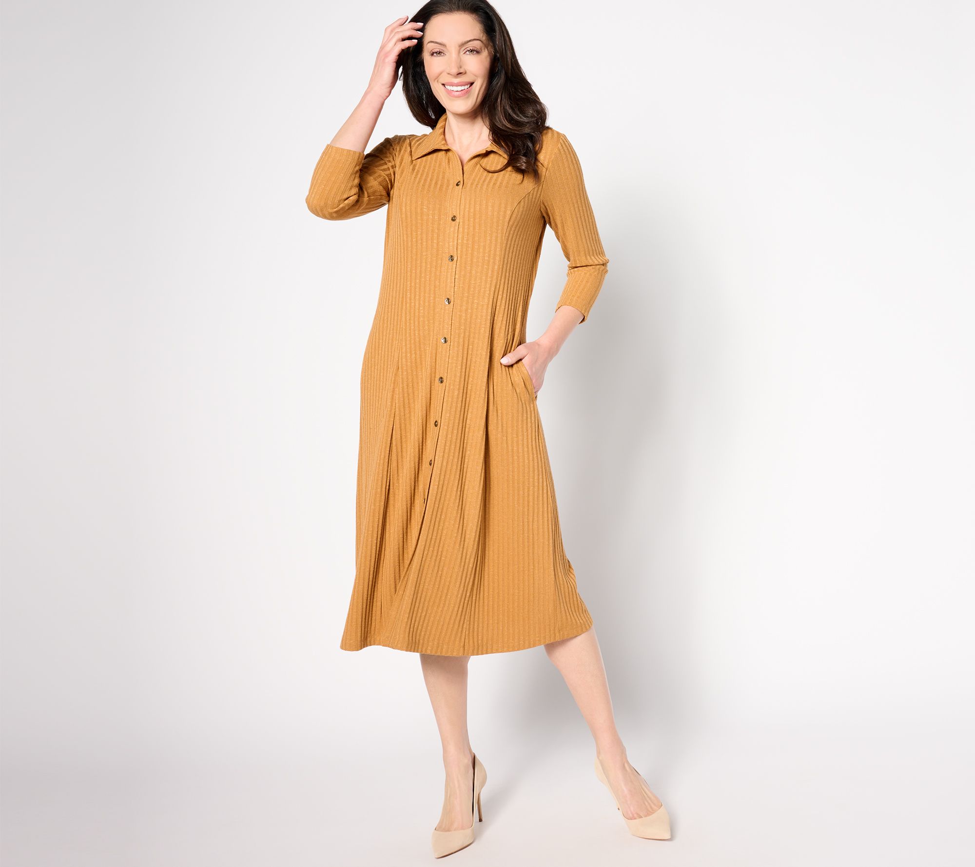 "As Is" Susan Graver Petite Sweater Rib Knit 3/4 Sleeve Midi Dress