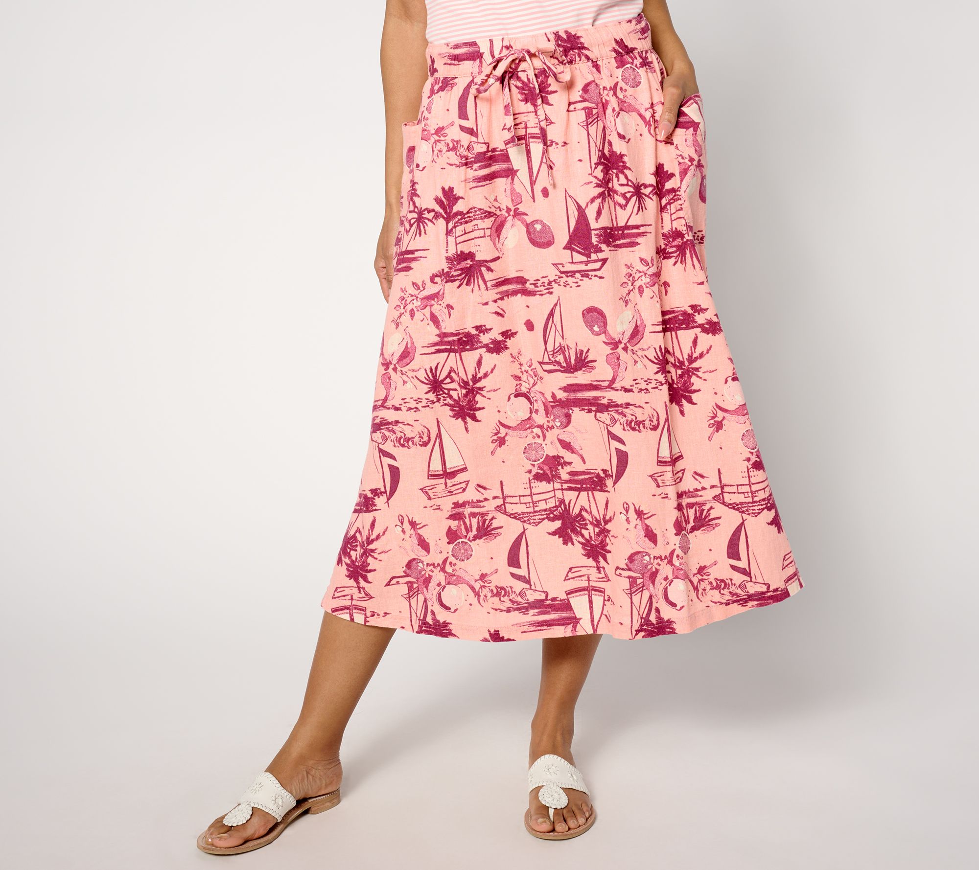 "As Is" Denim & Co. Naturals Regular Printed Linen Blend Midi Skirt