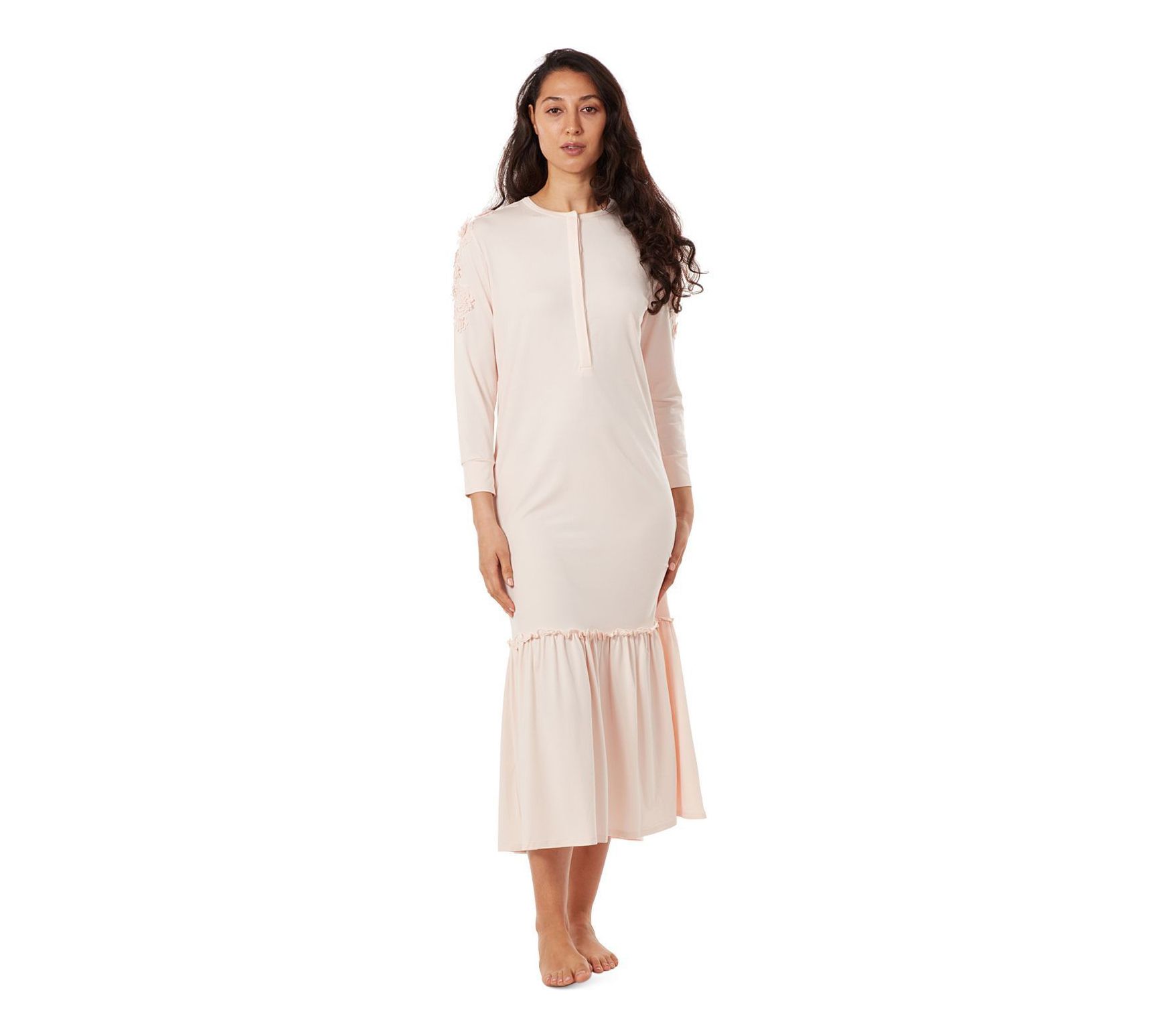 Memoi Embroidered Modal Nightgown with Ruffle Hem
