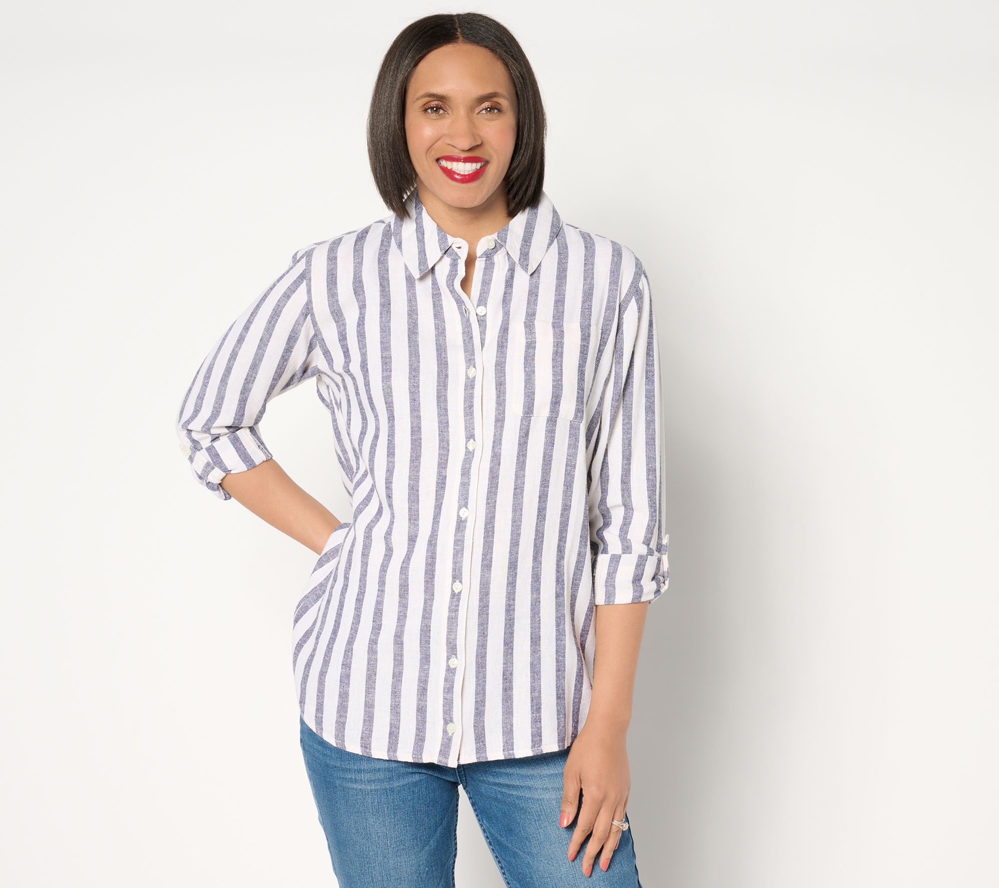 "As Is" Isaac Mizrahi Live! Regular Striped Button Front Linen Shirt