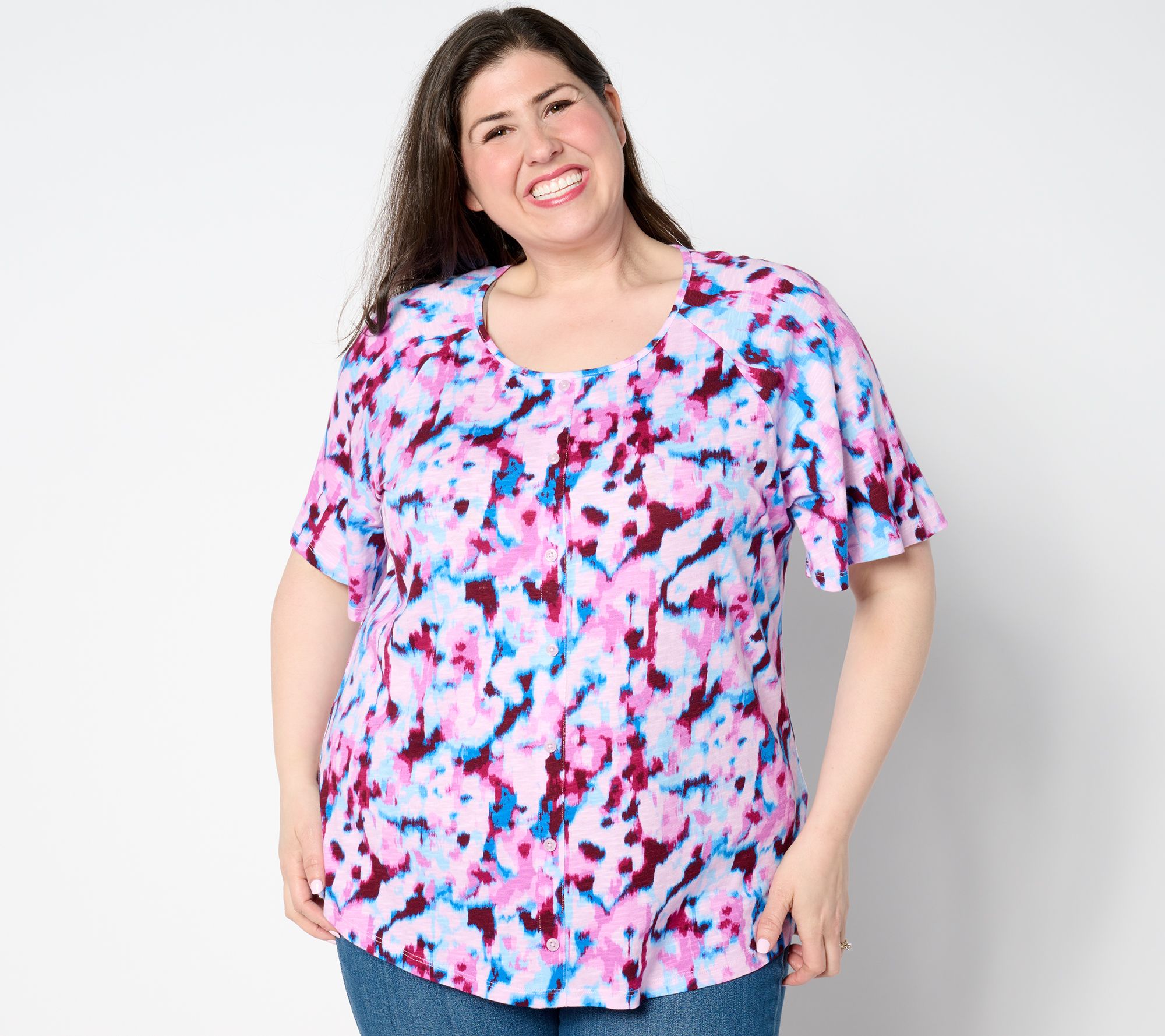 "As Is" Denim & Co. Printed Slub Jersey Scoop Neck Curved Hem Top