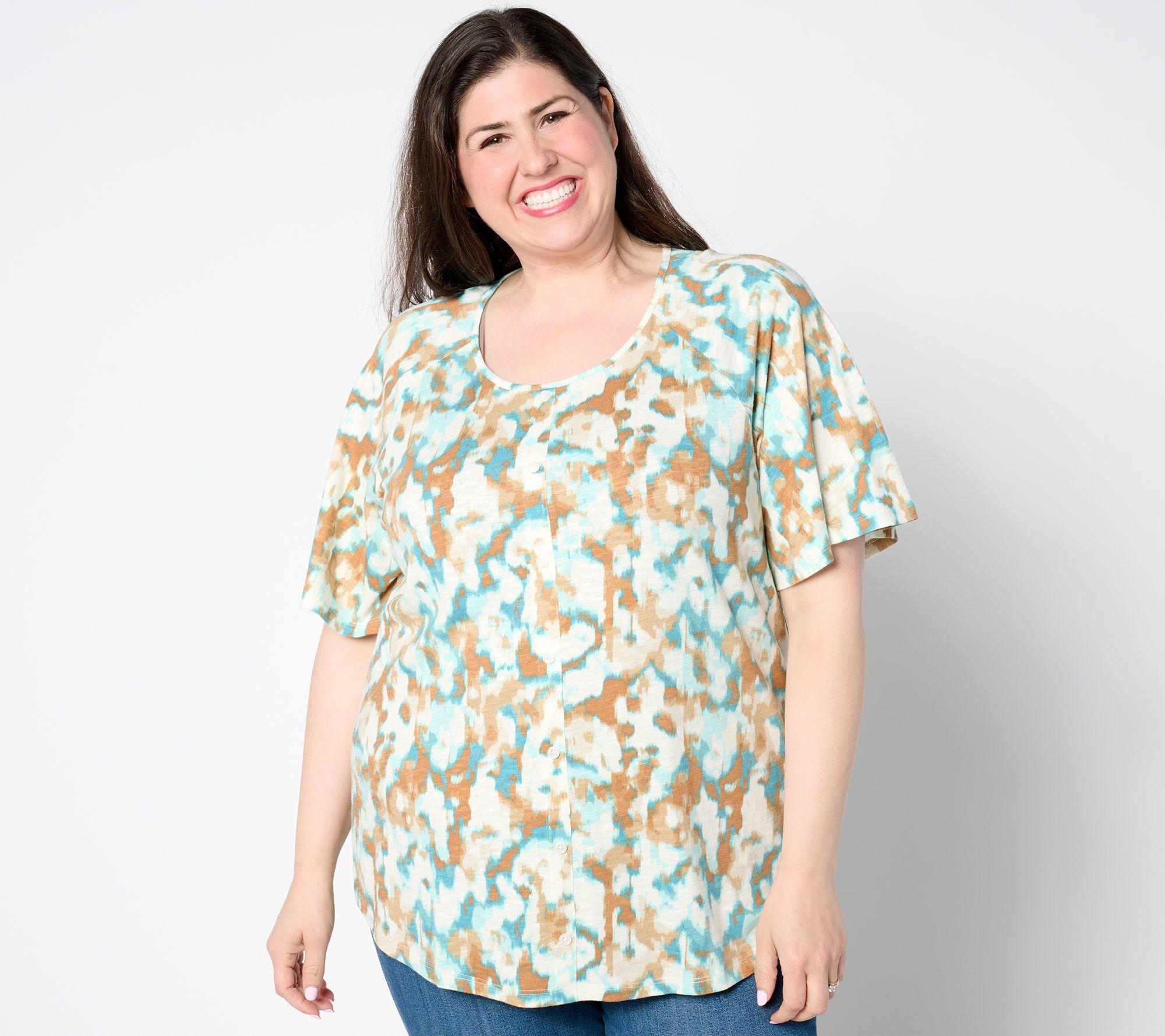 "As Is" Denim & Co. Printed Slub Jersey Scoop Neck Curved Hem Top