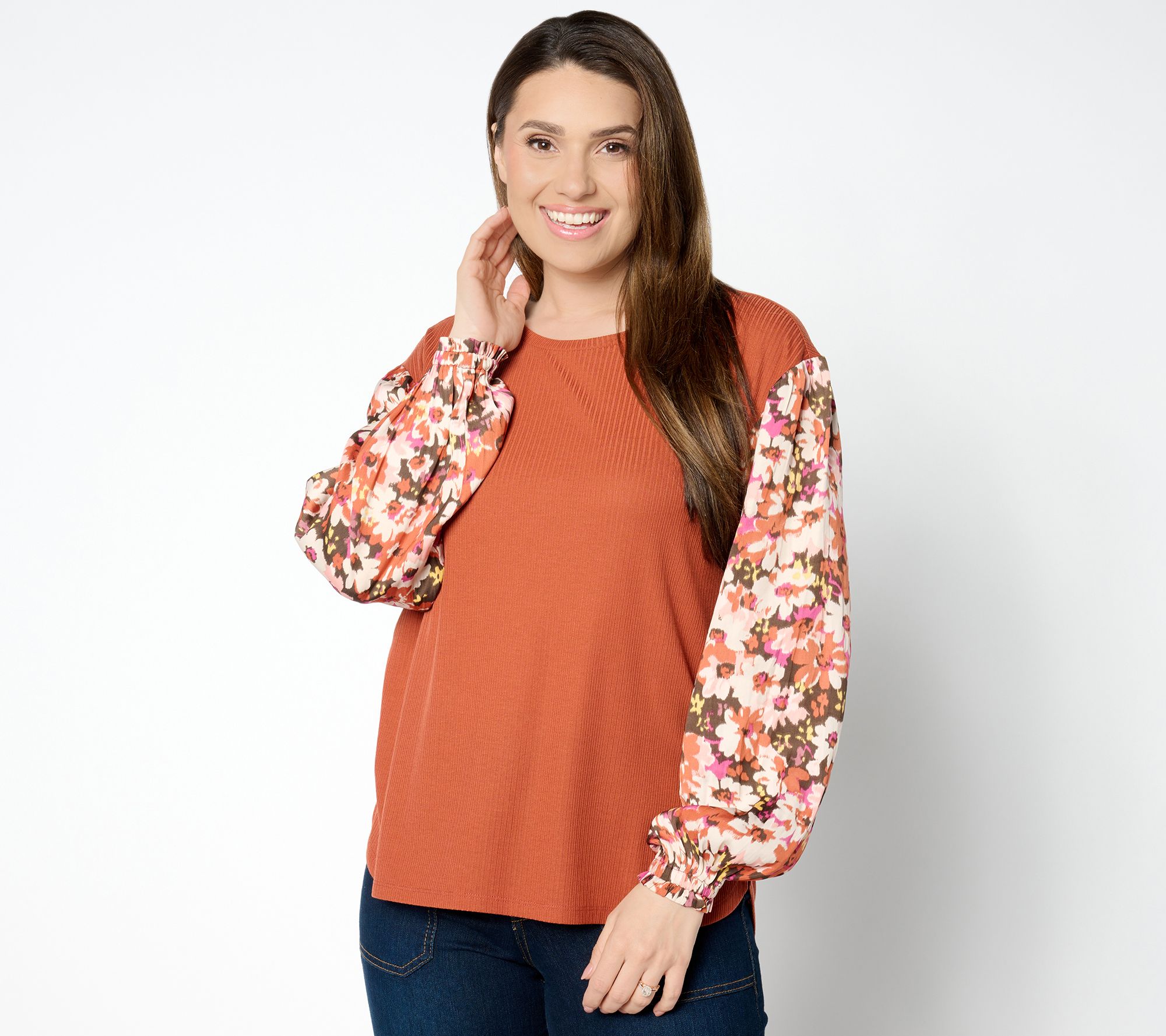 "As Is" Peace Love World Boheme Mixed Media Floral Long Sleeve Top