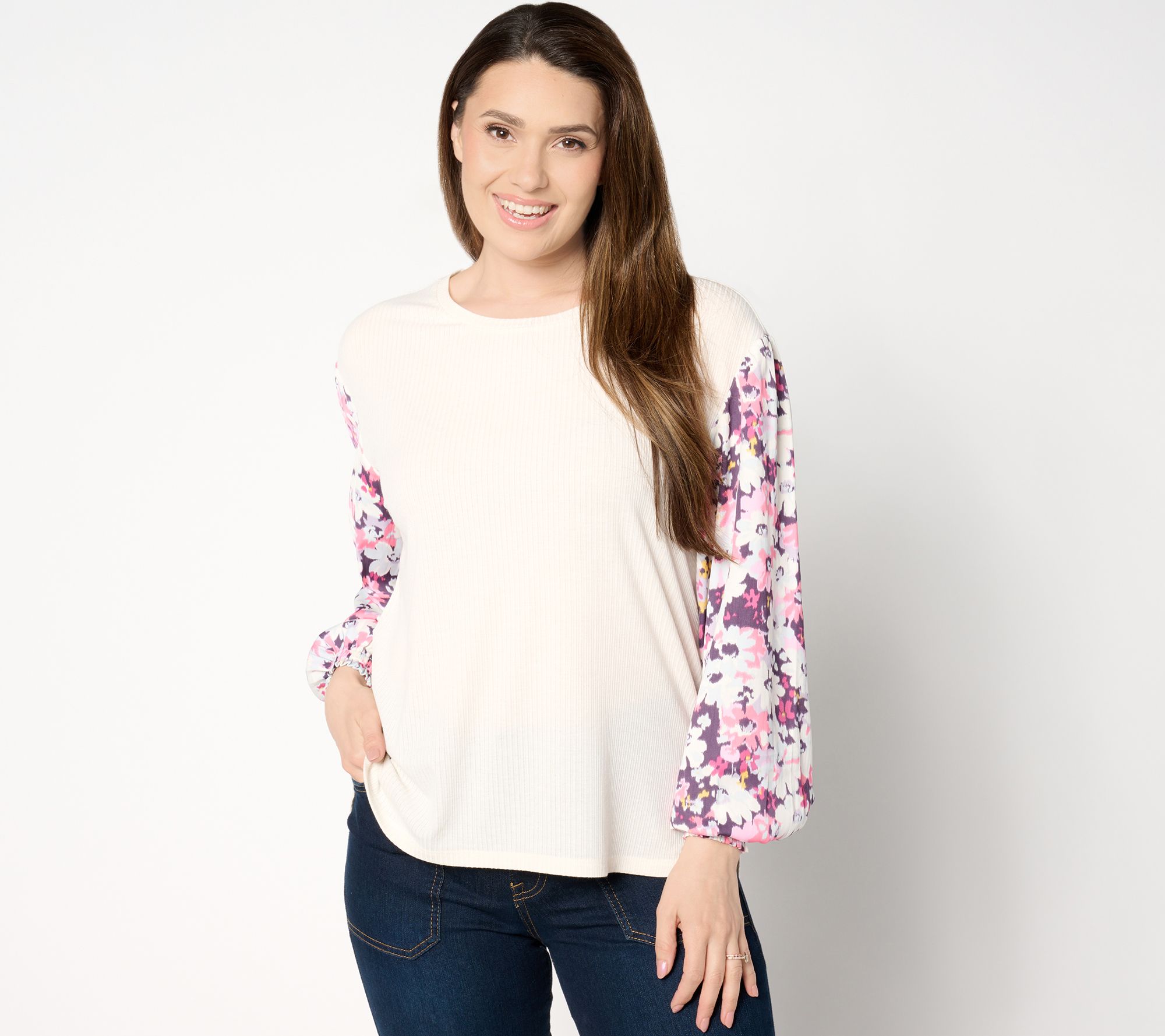 "As Is" Peace Love World Boheme Mixed Media Floral Long Sleeve Top