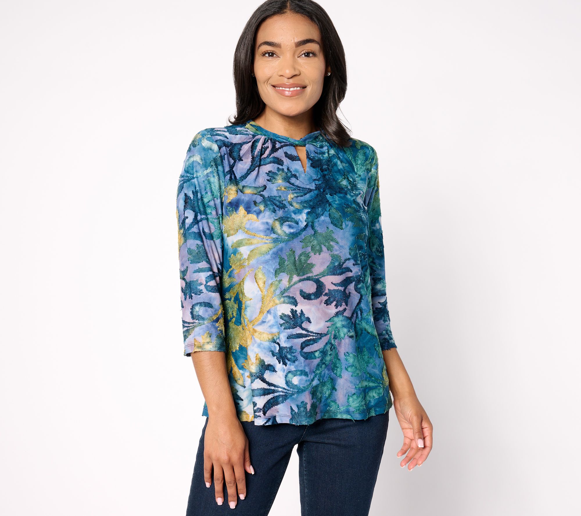 "As Is" Denim & Co. Signature Jacquard Knit 3/4 Sleeve Keyhole Top