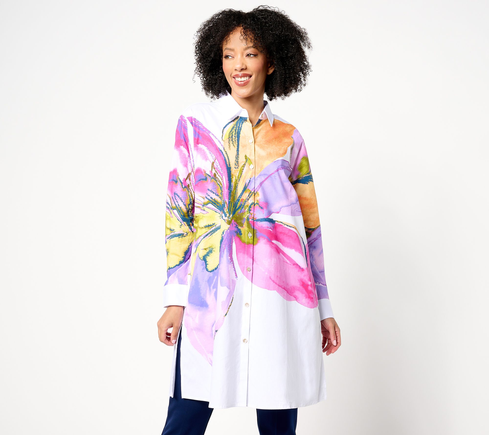 Susan Graver Printed Stretch Poplin Button Front Duster