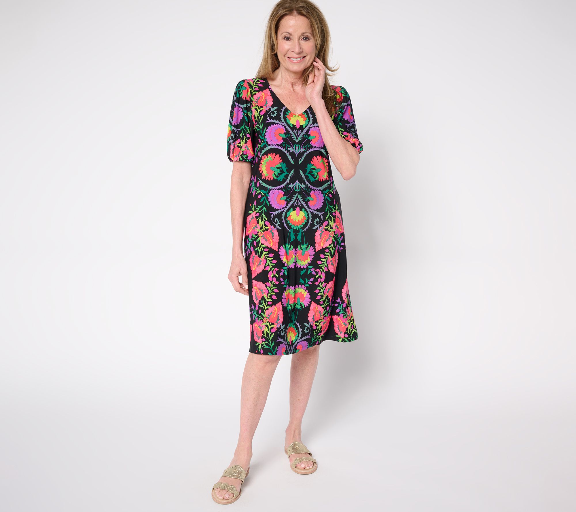 Susan Graver Petite Printed Liquid Knit Puff Sleeve V-Neck Dress