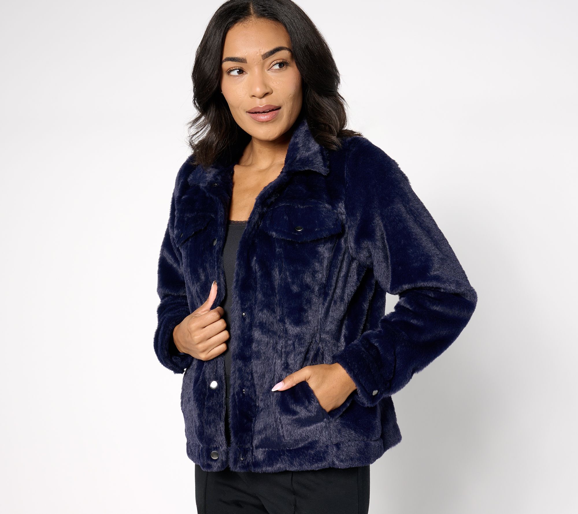 "As Is" Belle by Kim Gravel Faux Fur Snap Front Jean Jacket
