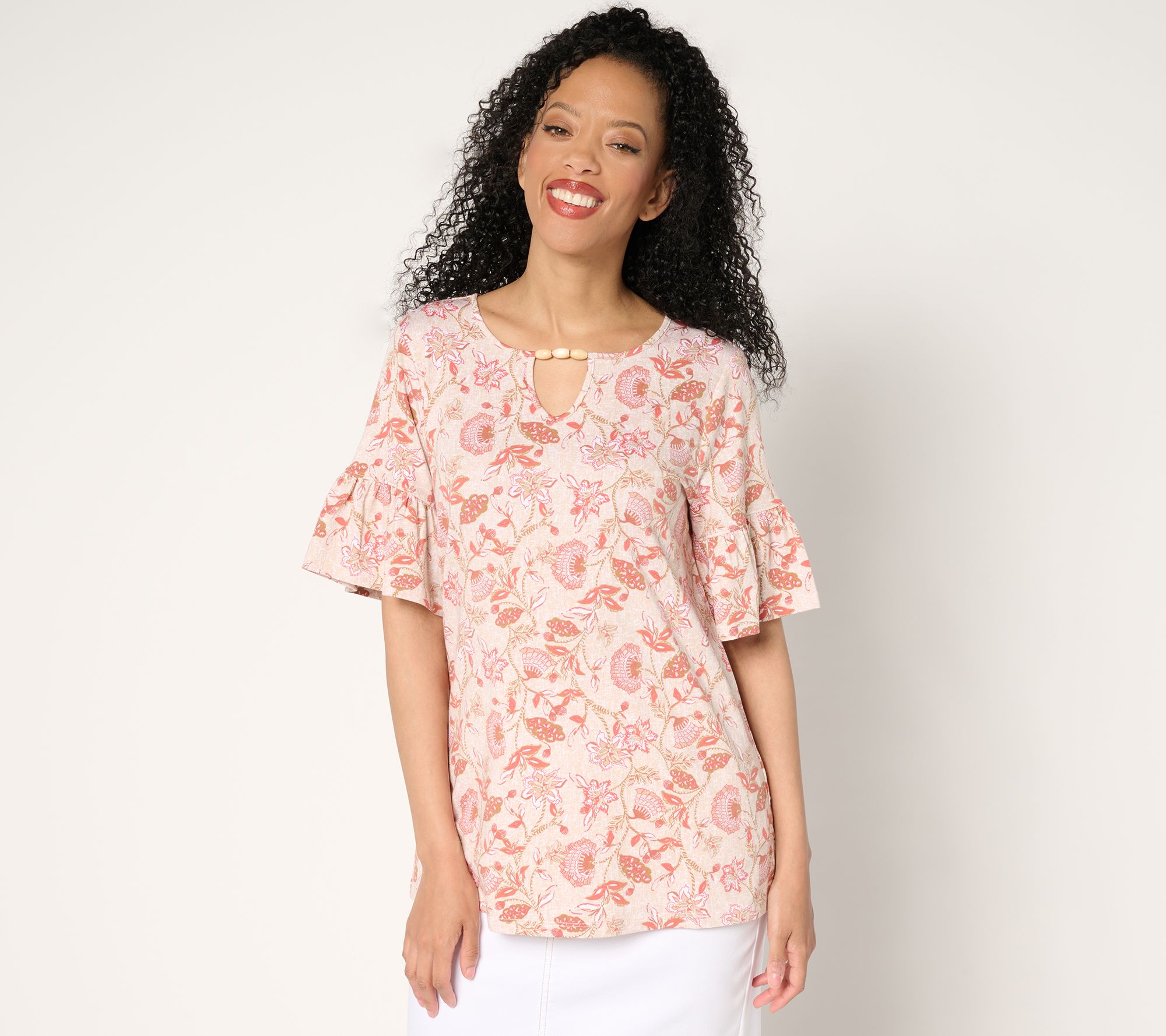 Denim & Co. Favorite Jersey Flutter Sleeve Beaded Keyhole Top