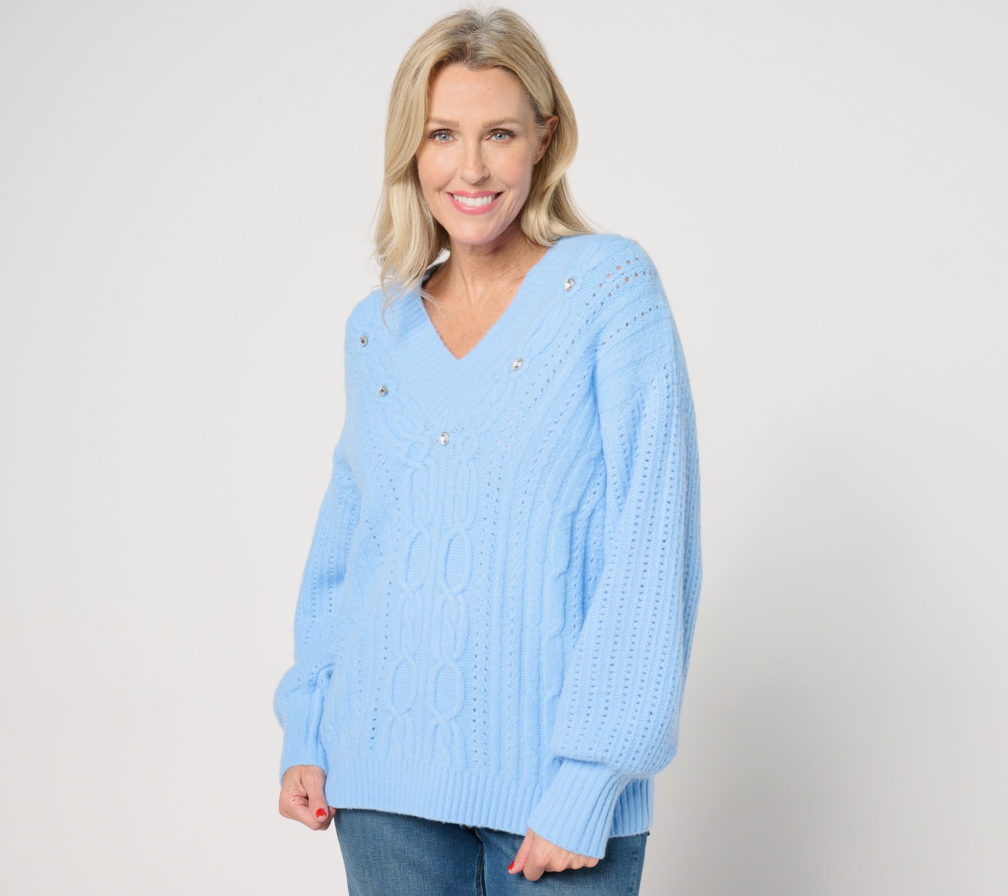 "As Is" Isaac Mizrahi Live! Apres V-Neck Cable Stitch Sweater w/Stone