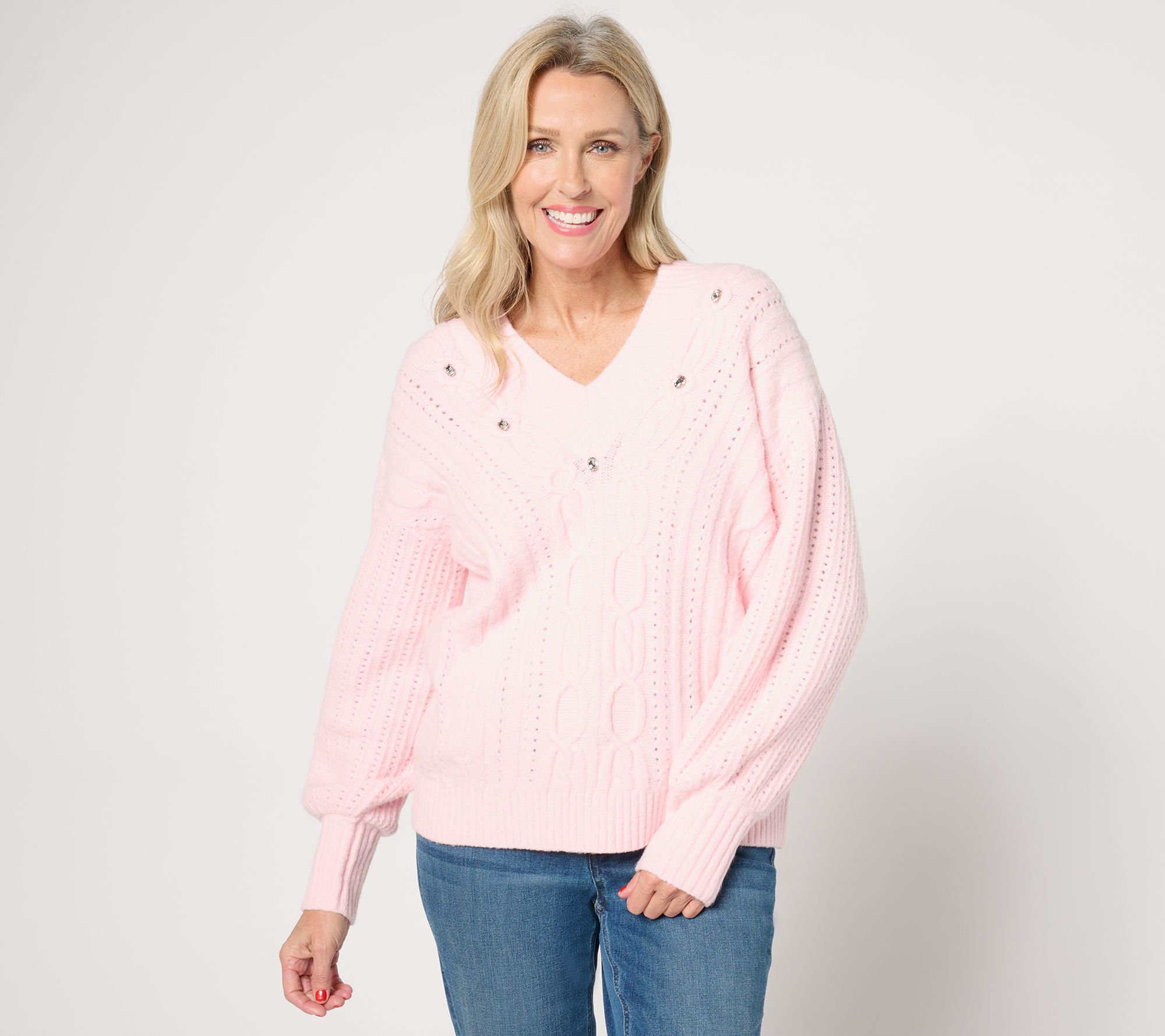 "As Is" Isaac Mizrahi Live! Apres V-Neck Cable Stitch Sweater w/Stone