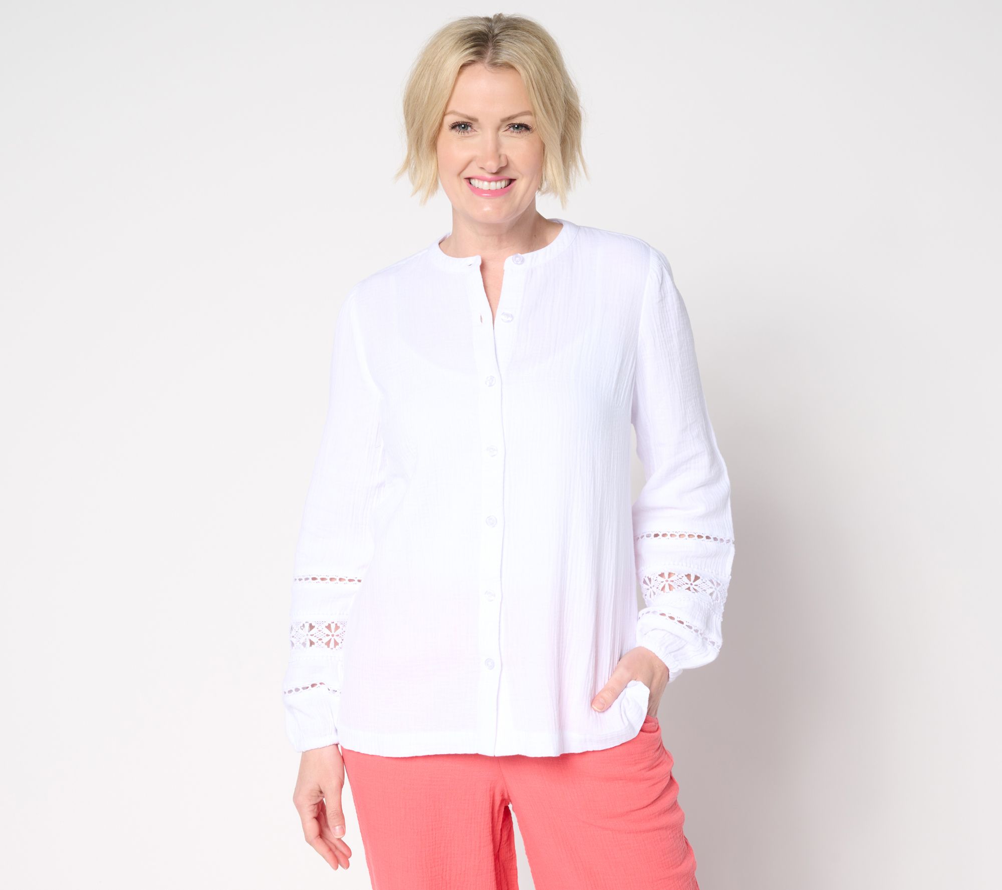 Belle Beach by Kim Gravel Cotton Gauze Ladder Lace Button Up Top