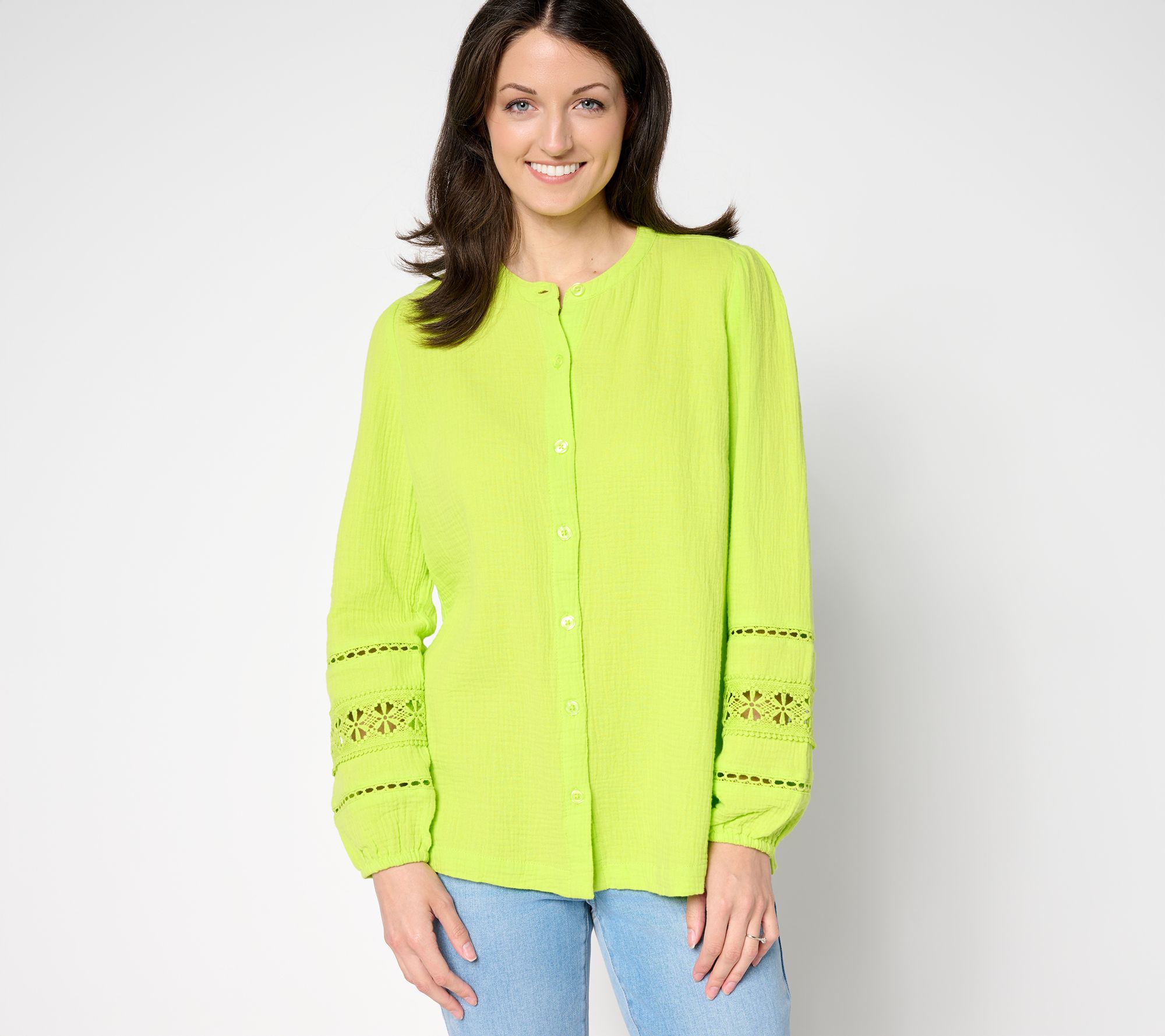 Belle Beach by Kim Gravel Cotton Gauze Ladder Lace Button Up Top