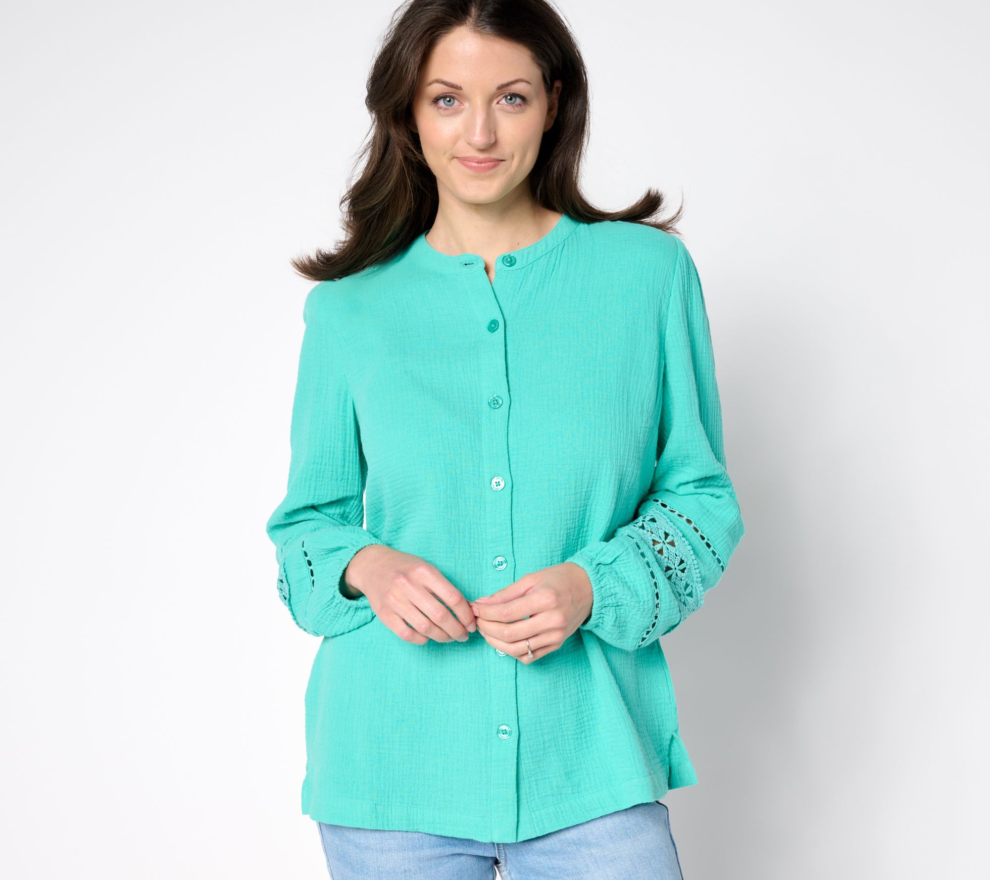 Belle Beach by Kim Gravel Cotton Gauze Ladder Lace Button Up Top