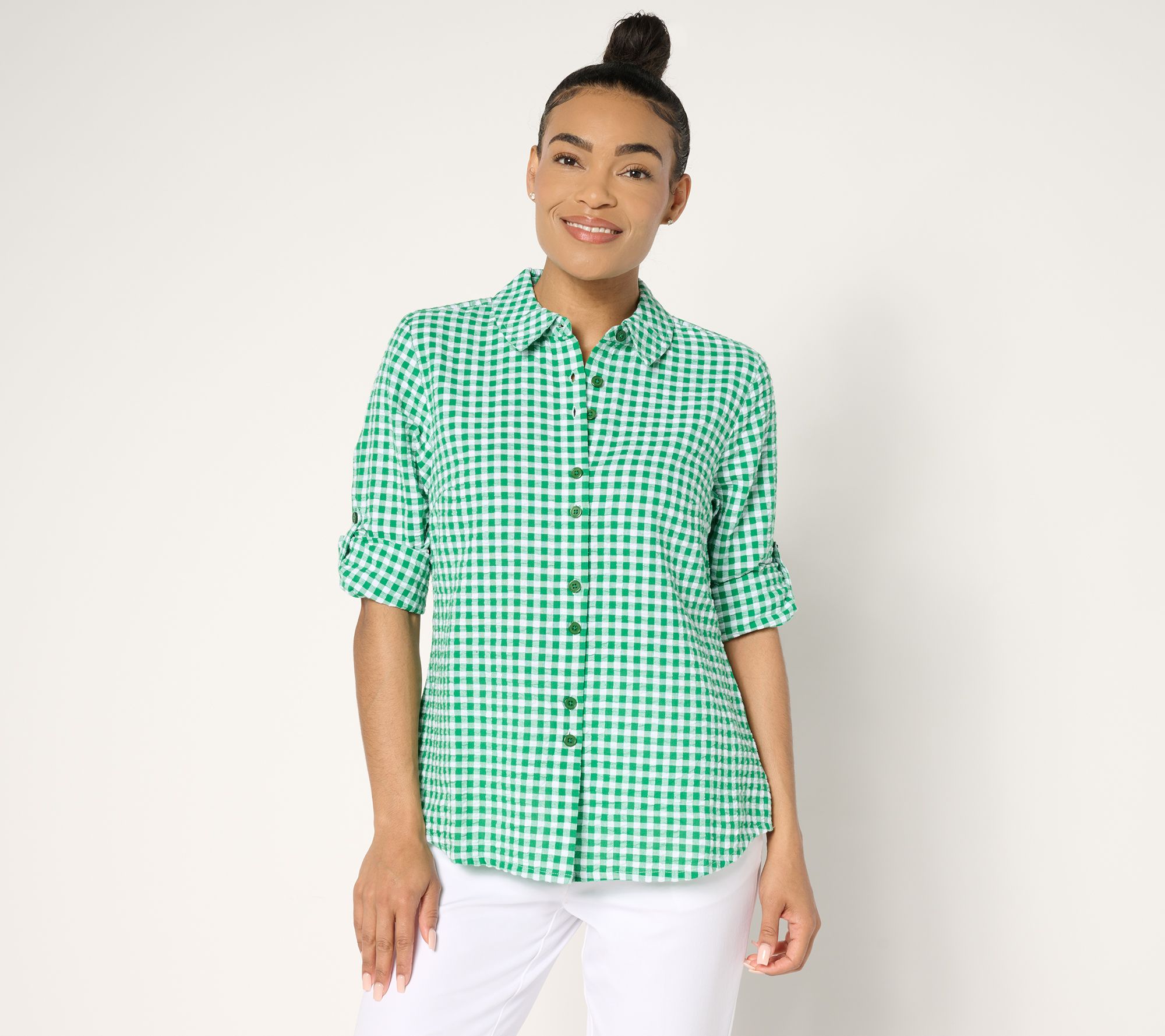 Joan Rivers 100% Cotton Seersucker Plaid Button Front Shirt