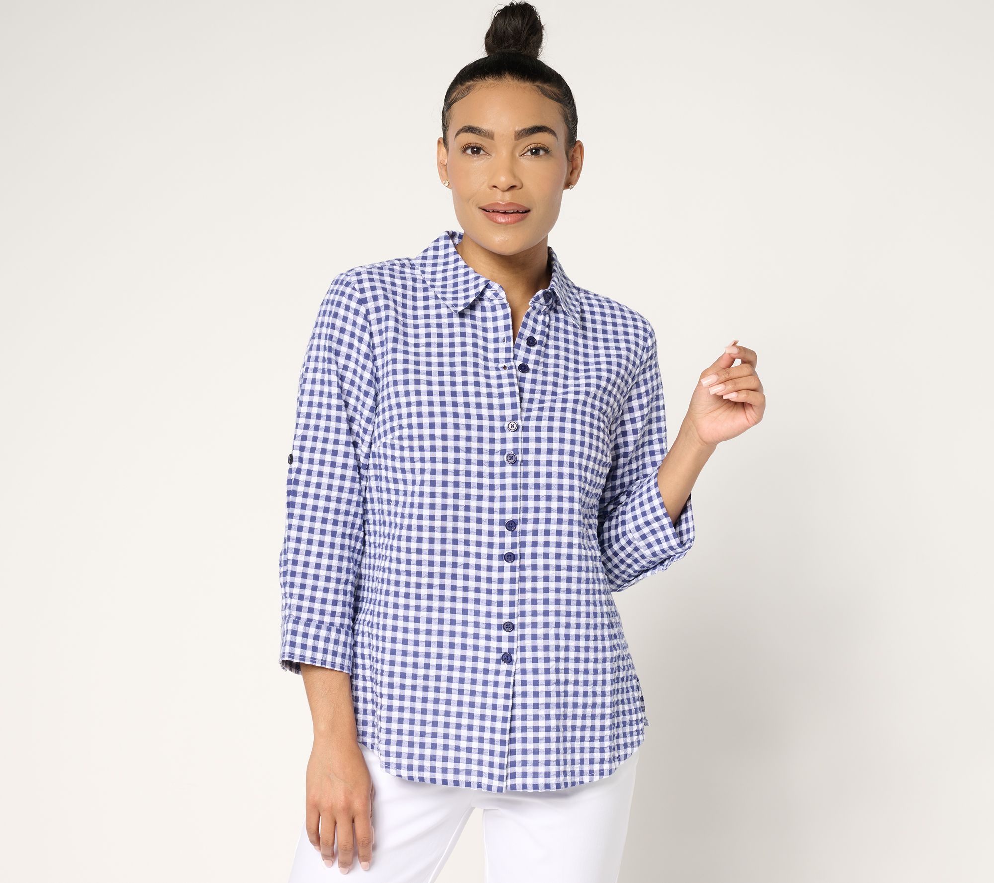 Joan Rivers 100% Cotton Seersucker Plaid Button Front Shirt