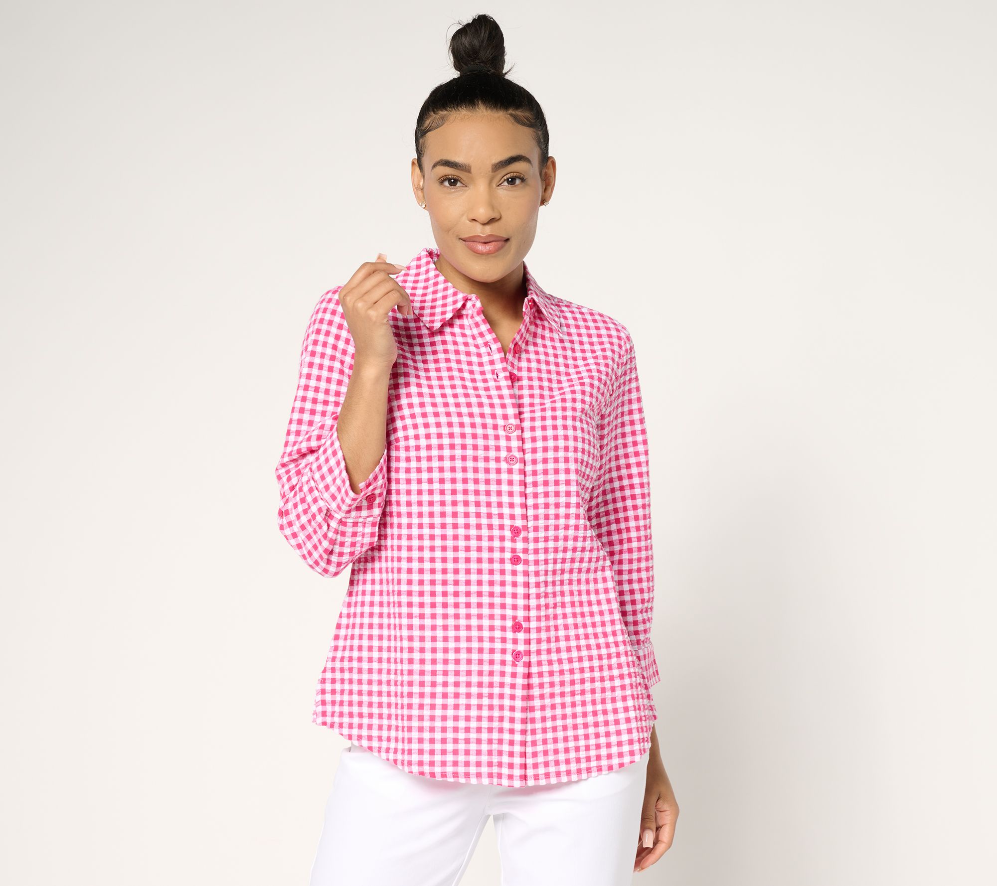 Joan Rivers 100% Cotton Seersucker Plaid Button Front Shirt
