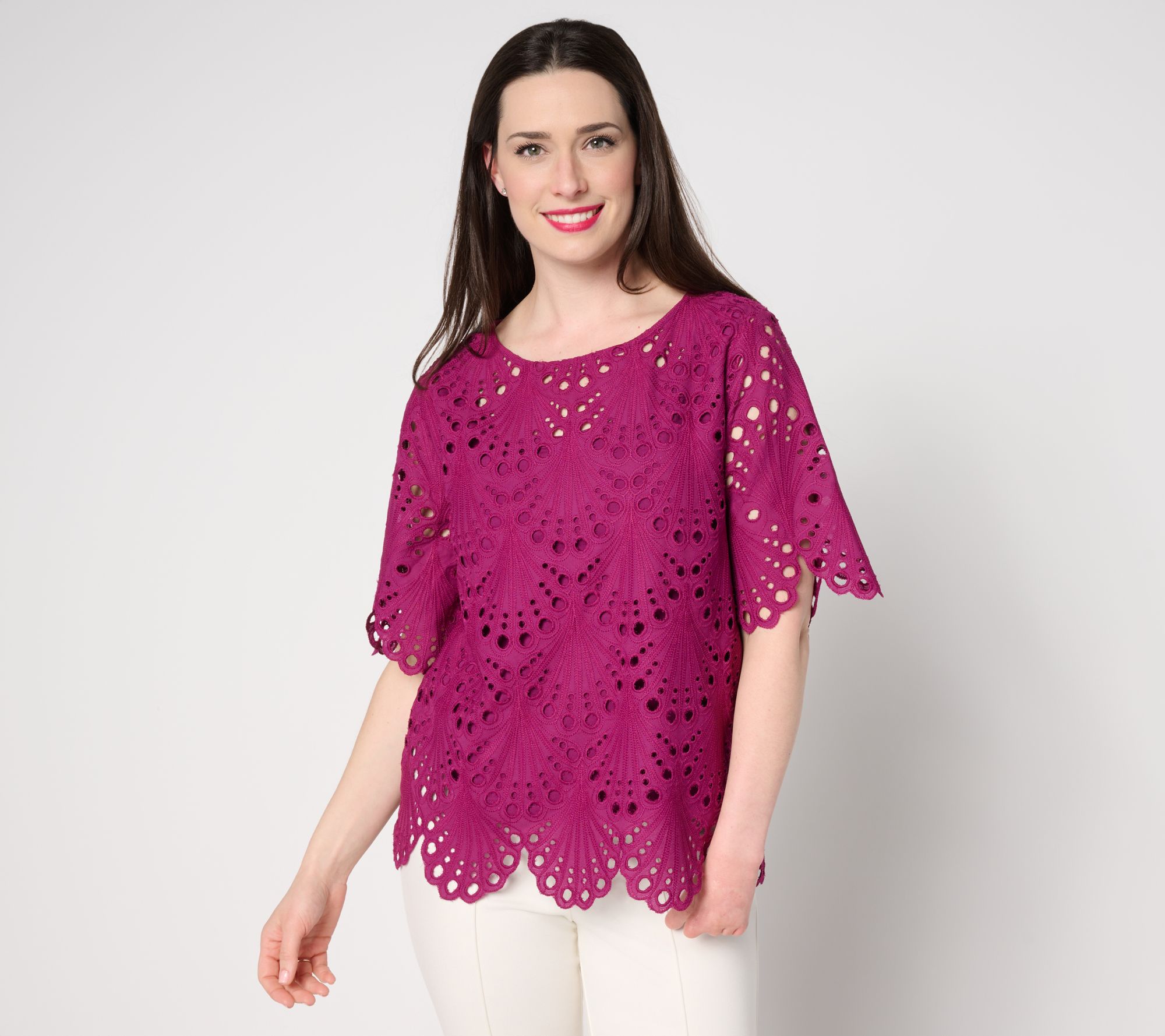 BEAUTIFUL by Lawrence Zarian Tropical Eyelet Top with Knit Tank