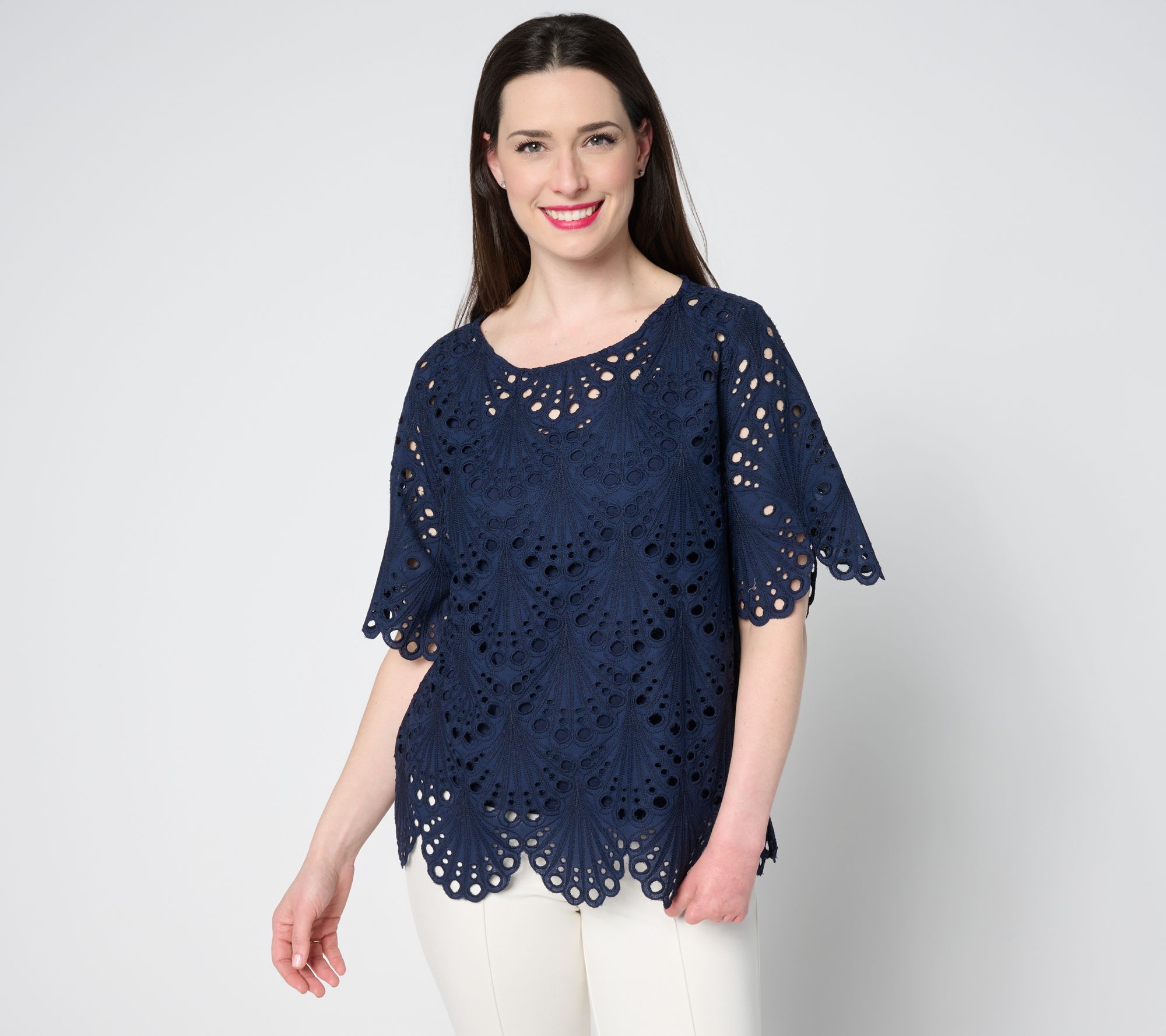 BEAUTIFUL by Lawrence Zarian Tropical Eyelet Top with Knit Tank