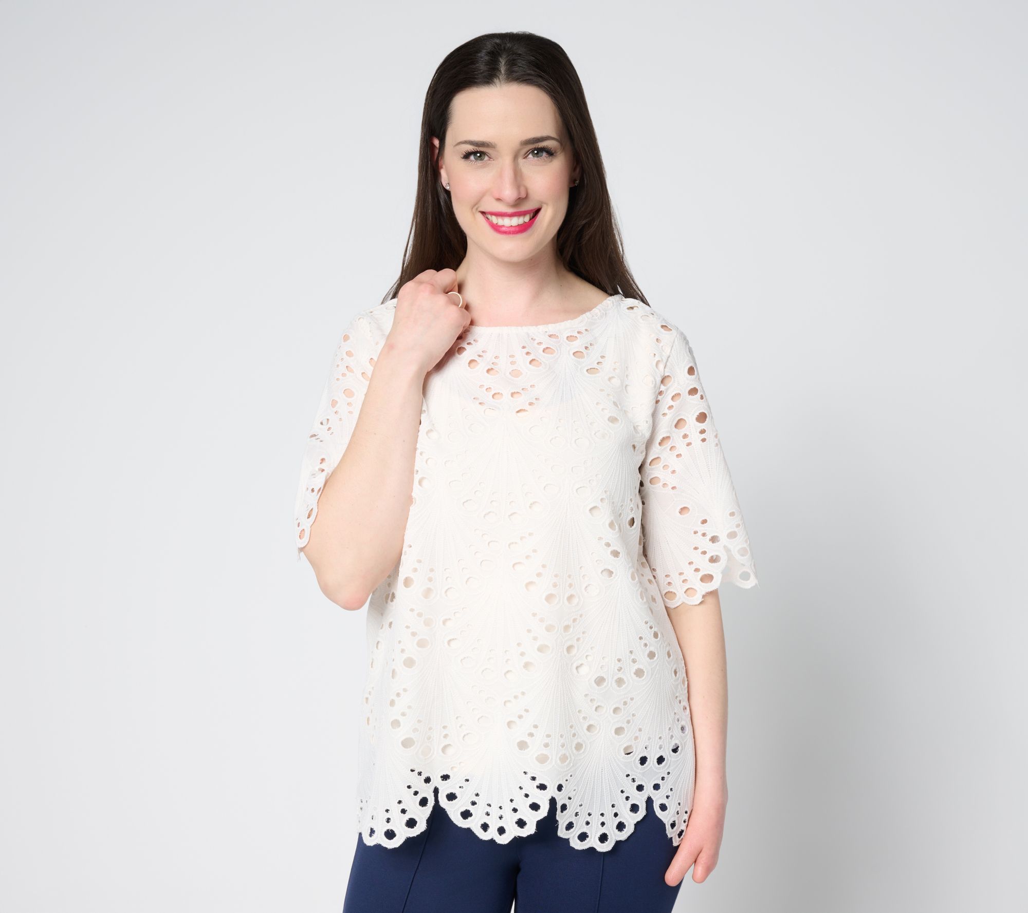 BEAUTIFUL by Lawrence Zarian Tropical Eyelet Top with Knit Tank