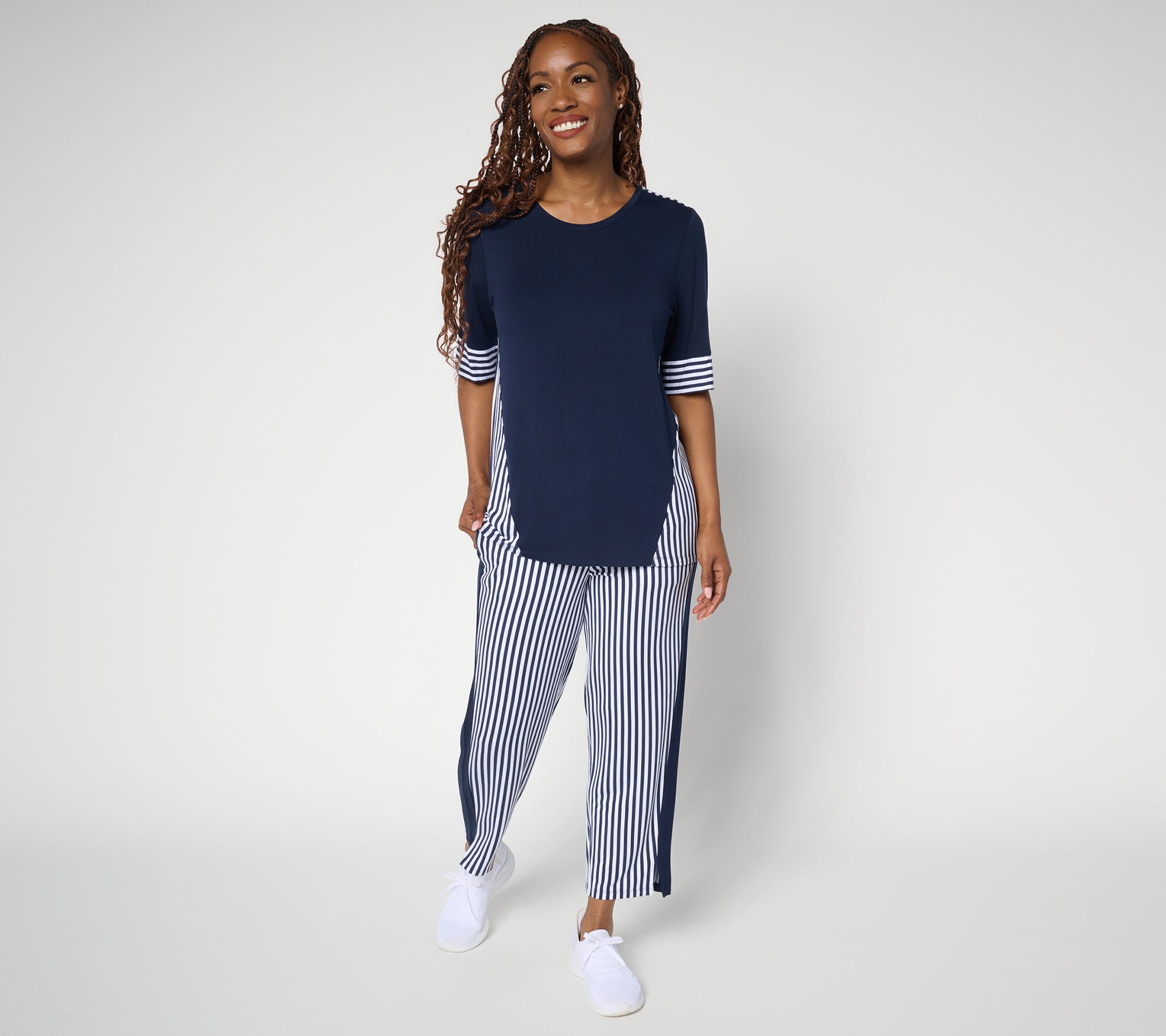 Sport Savvy Petite Mixed Stripe Elbow Sleeve Top and Ankle Pant Set