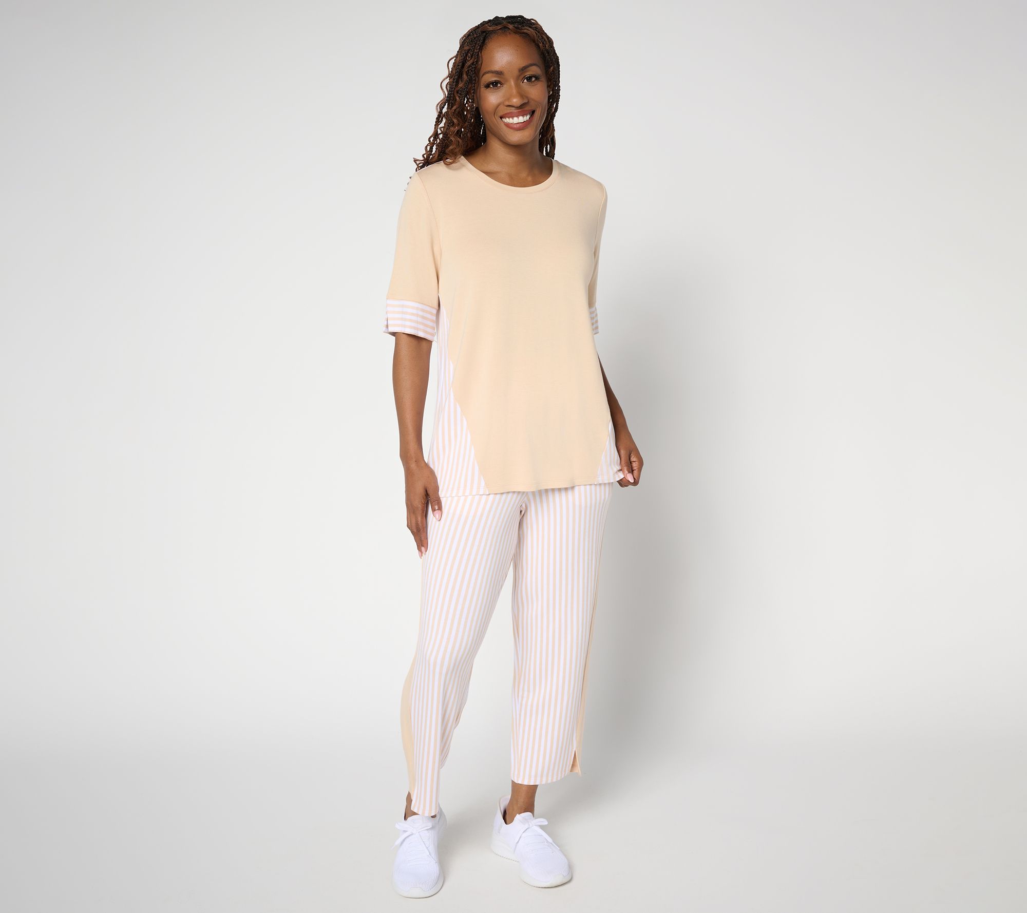 Sport Savvy Petite Mixed Stripe Elbow Sleeve Top and Ankle Pant Set