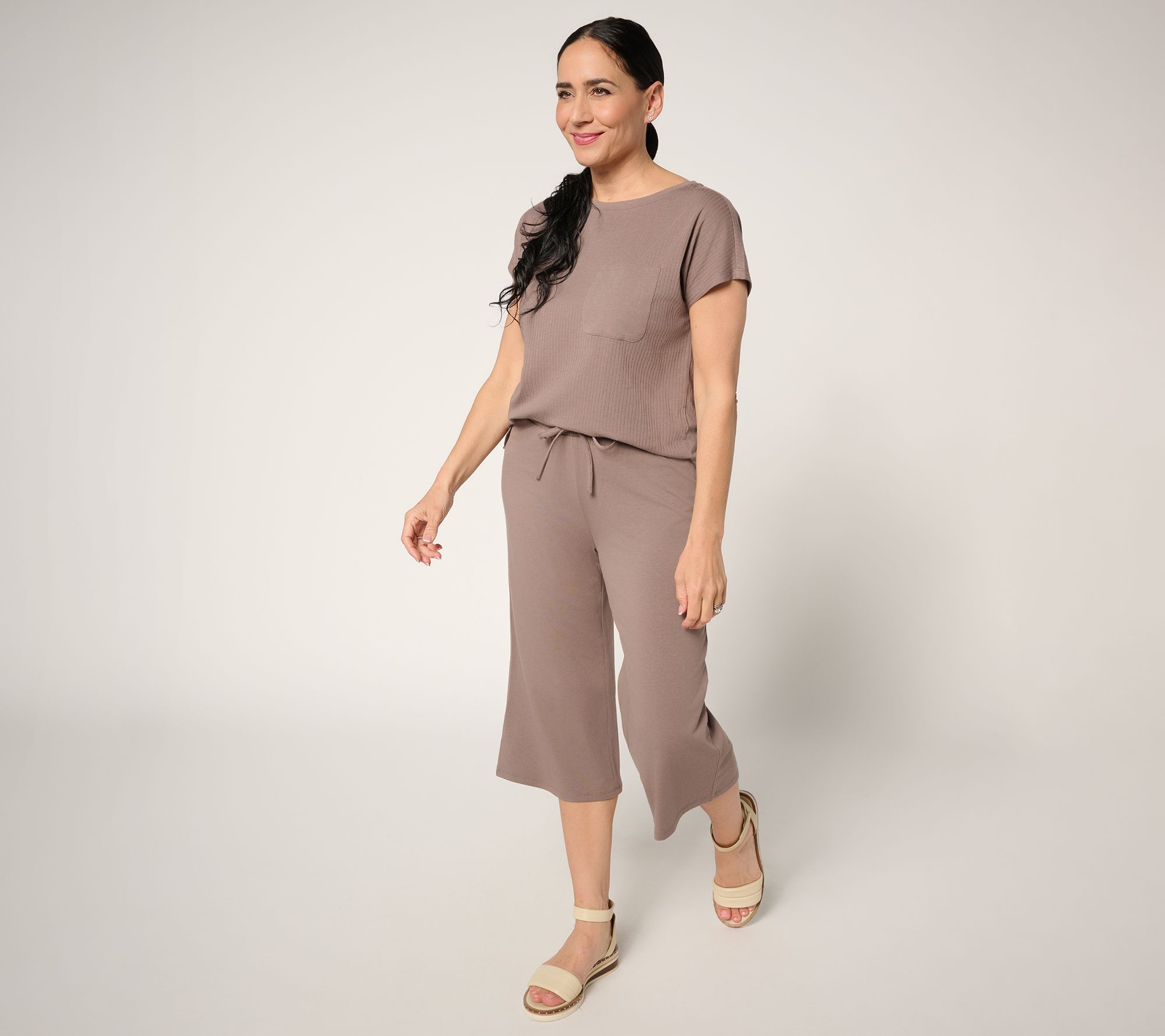 AnyBody Regular Cozy Knit Top and Wide Leg Capri Set
