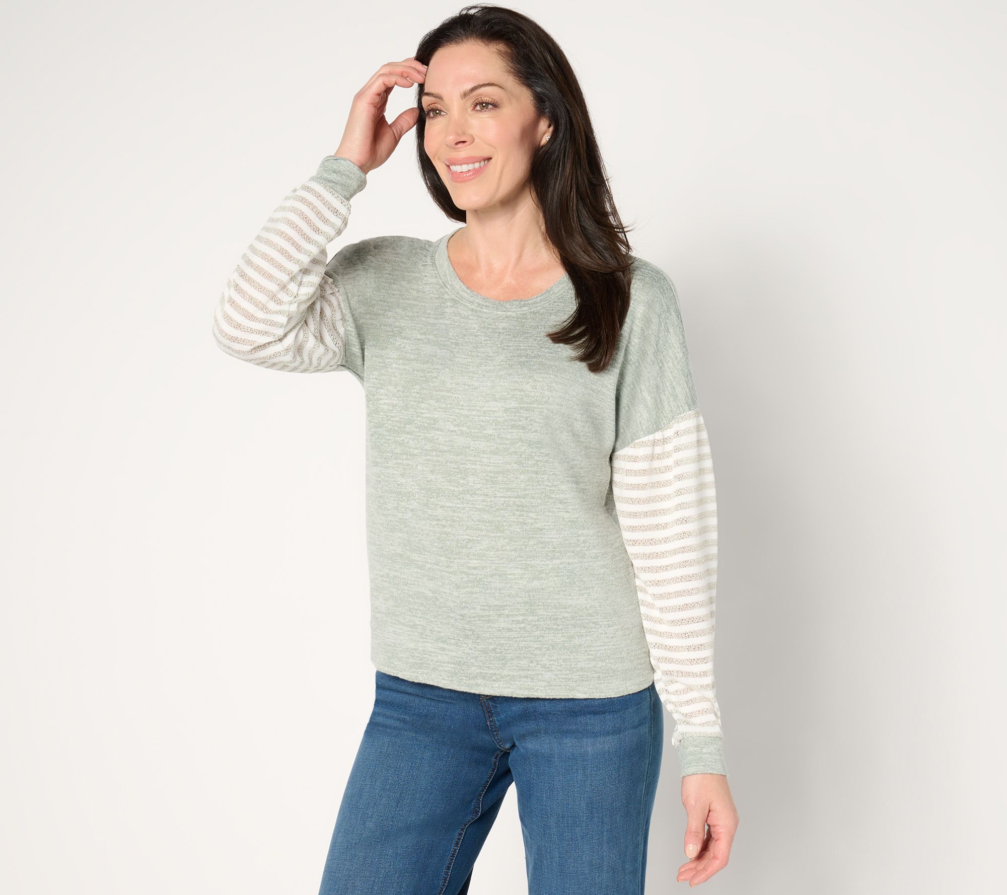 "As Is" AnyBody Hacci Top with Lurex Striped Sleeve