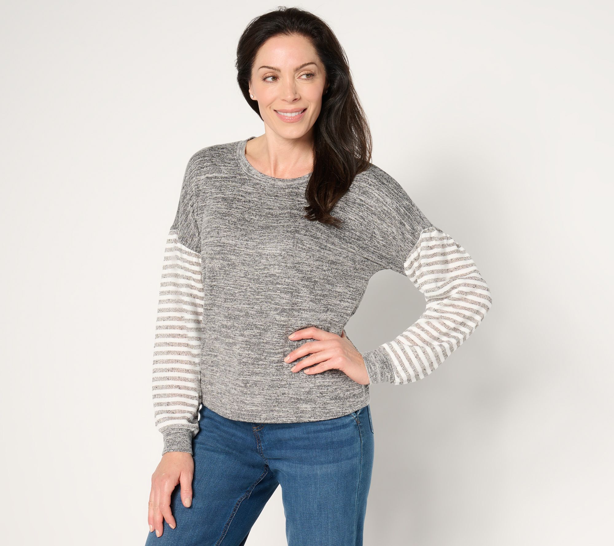 "As Is" AnyBody Hacci Top with Lurex Striped Sleeve