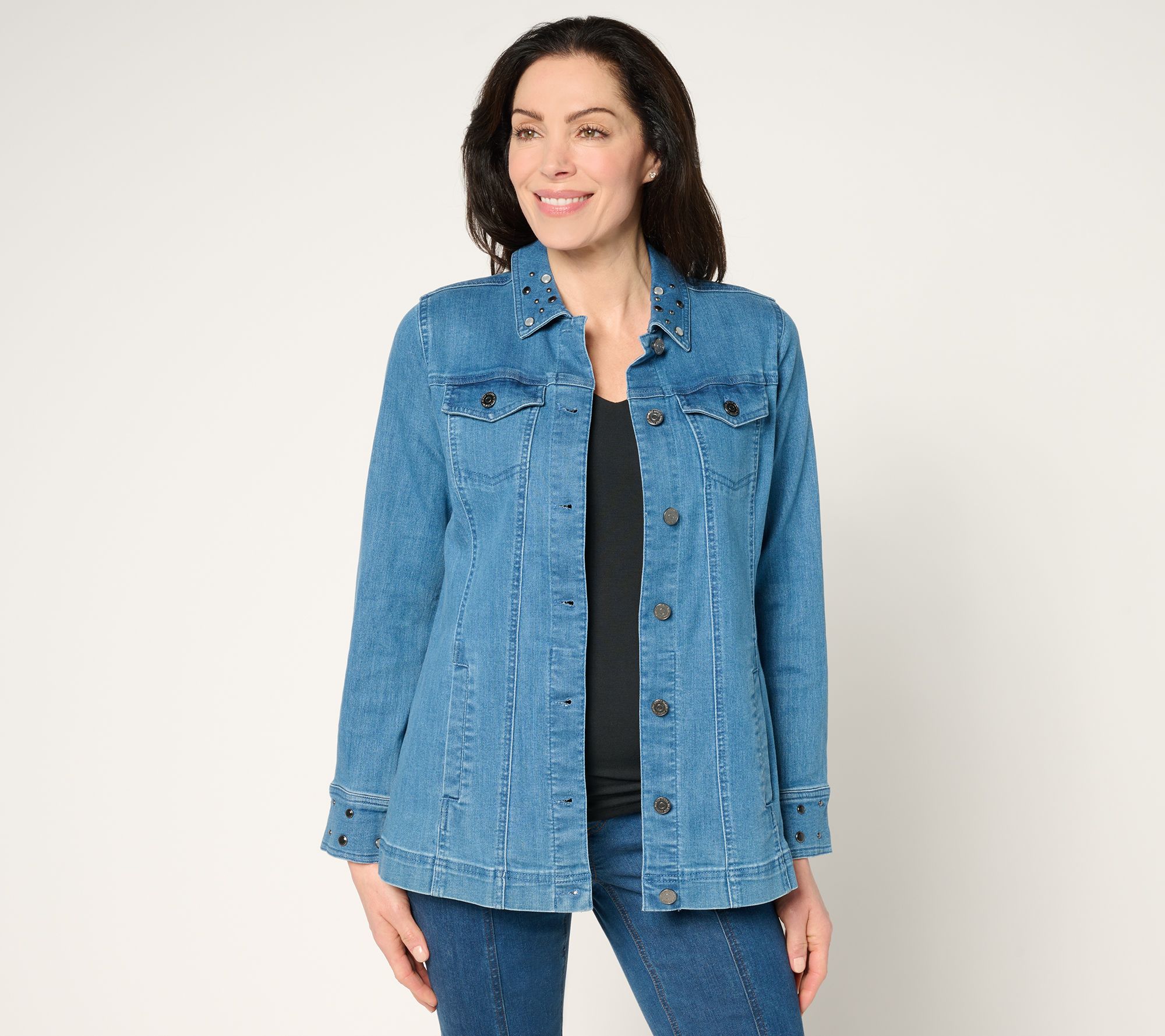 "As Is" Susan Graver Denim Jacket with Embellished Collar & Cuff