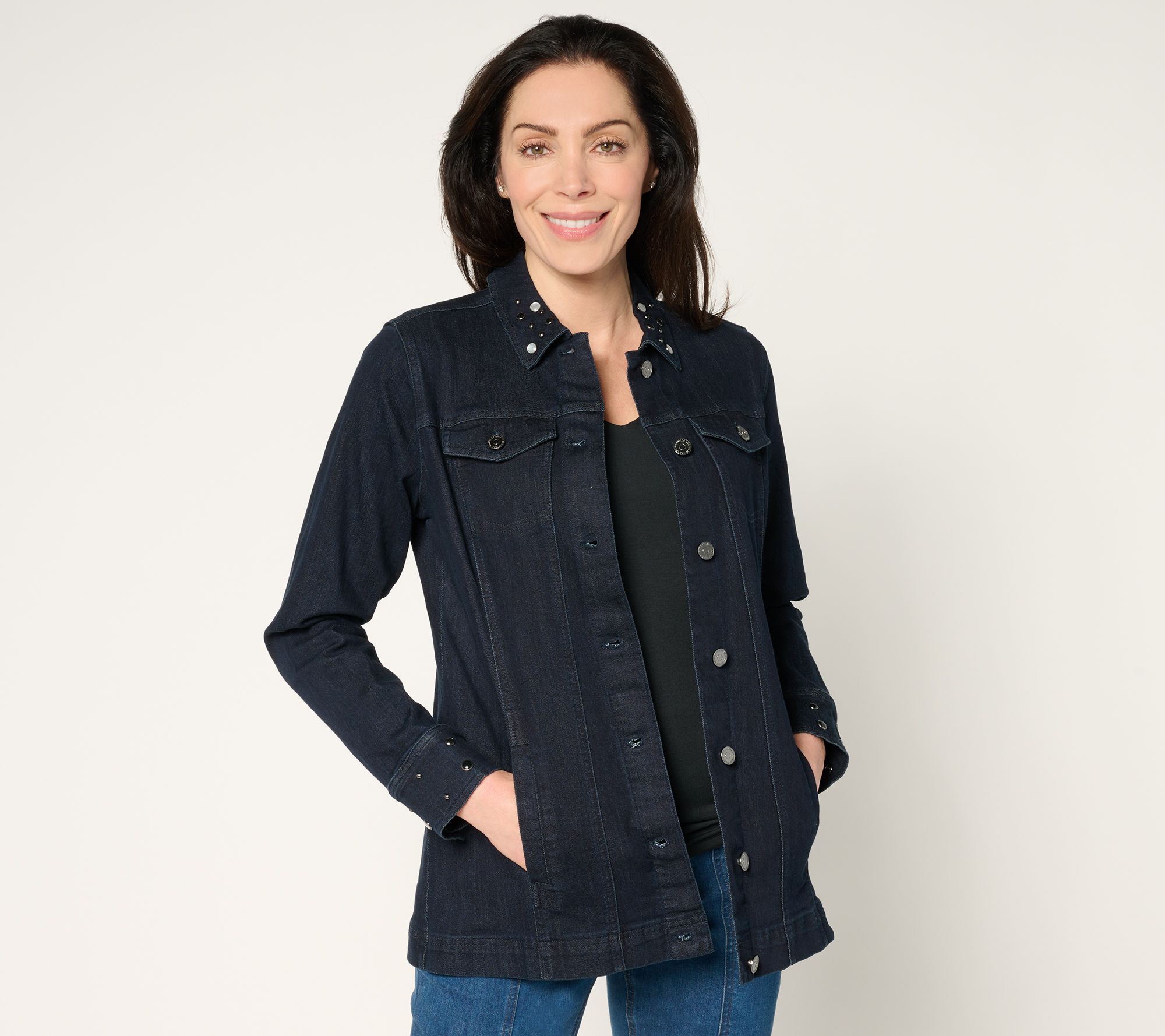 "As Is" Susan Graver Denim Jacket with Embellished Collar & Cuff