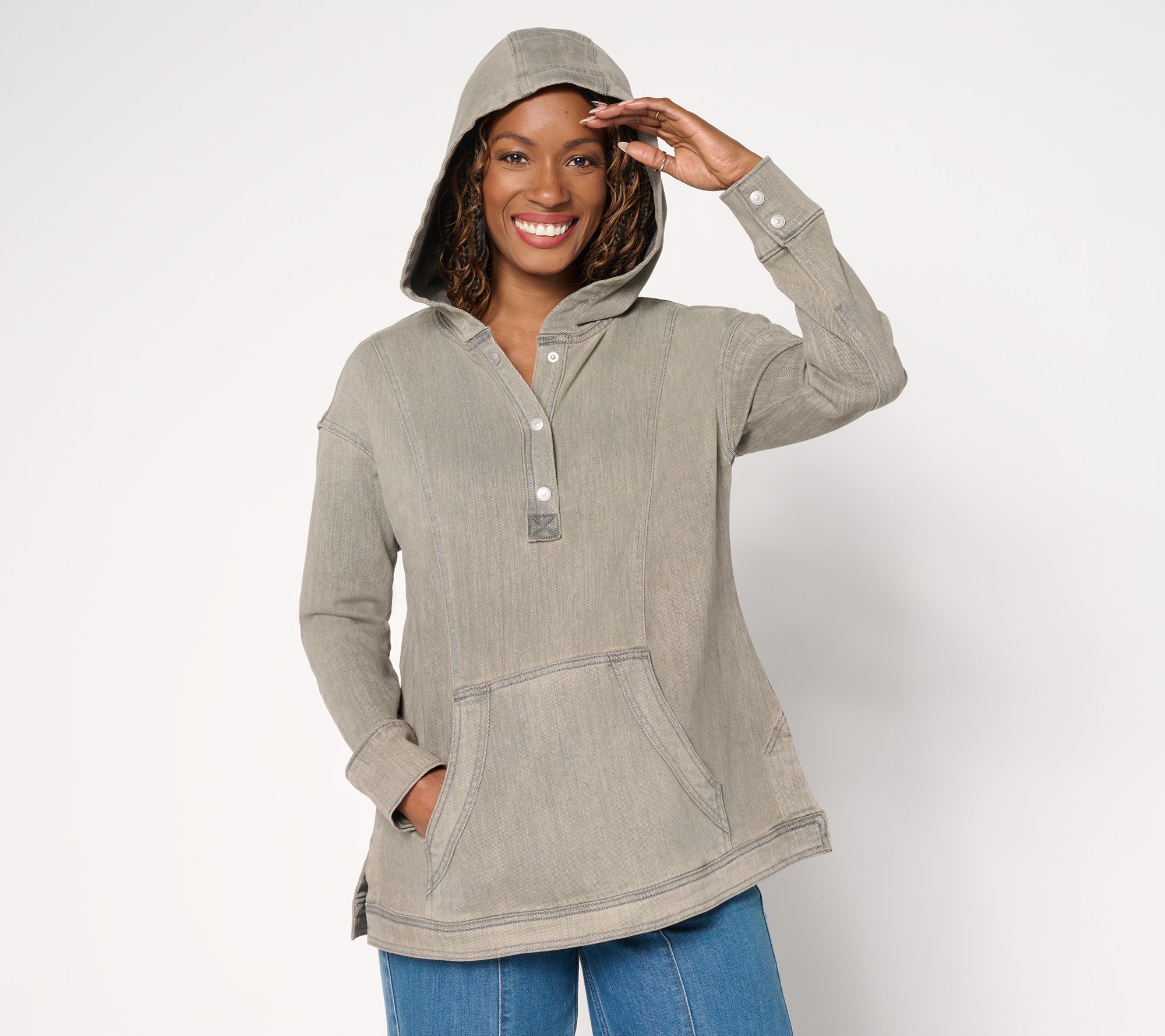 LOGO by Lori Goldstein Petite Hooded Denim Sweatshirt
