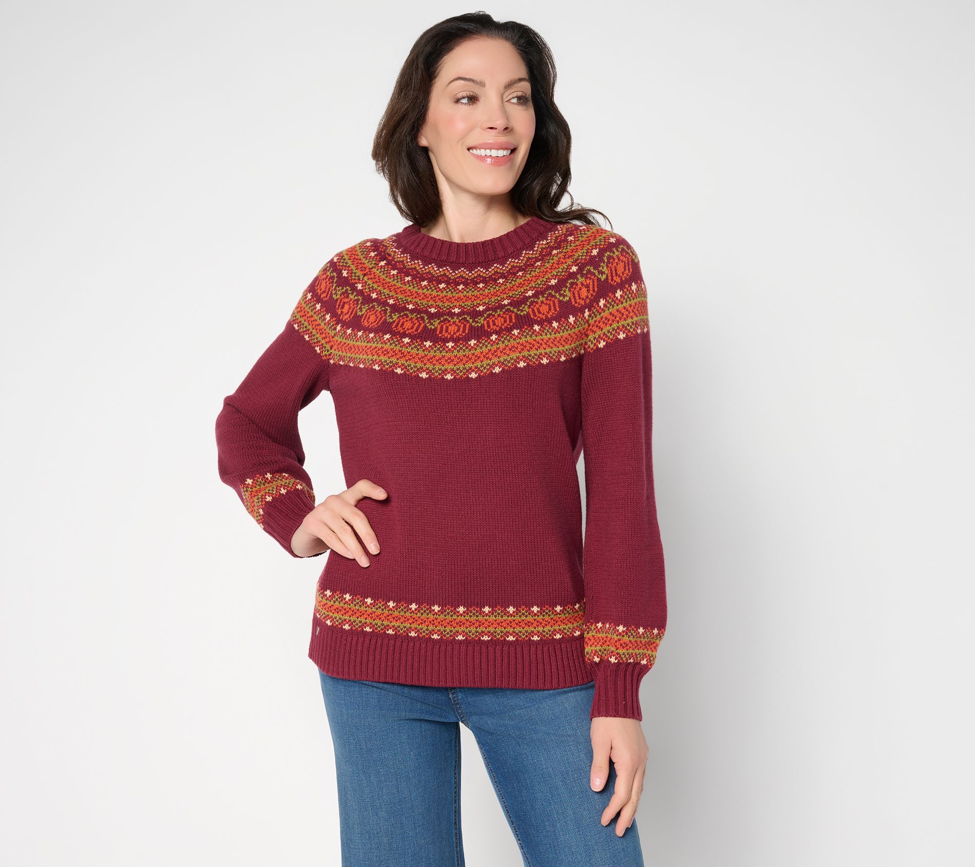 Denim & Co. Long Sleeve Pumpkin Fair Isle Sweater
