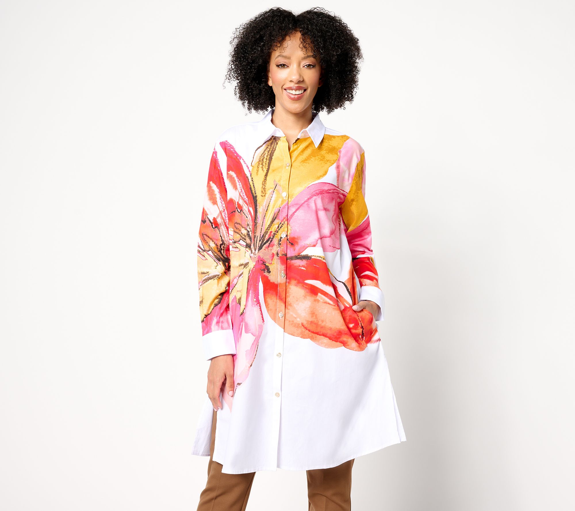 "As Is" Susan Graver Regular Printed Stretch Poplin Button Front Duster