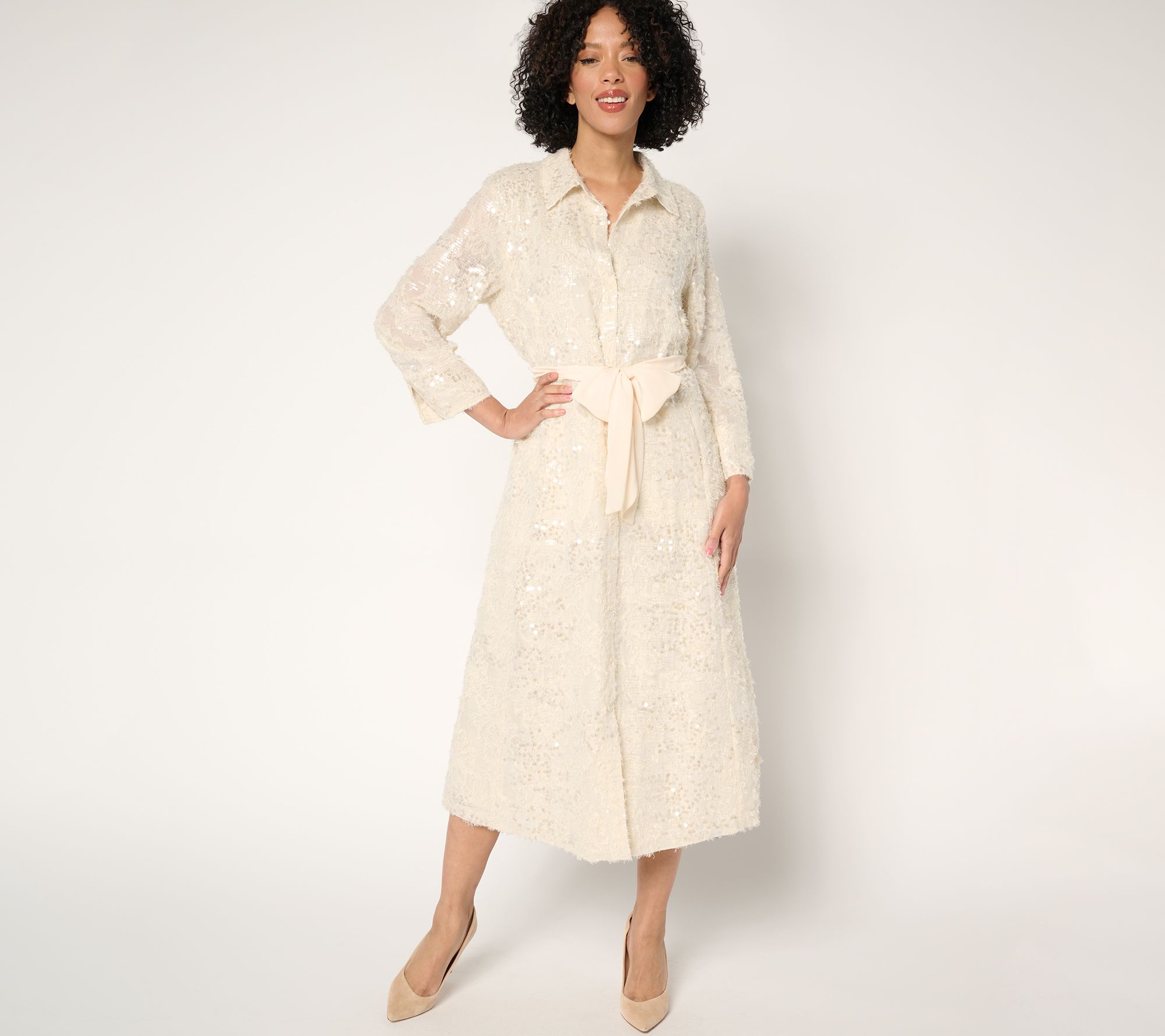 "As Is" Dennis Basso Regular Spring Sequin Shirt Dress with Belt